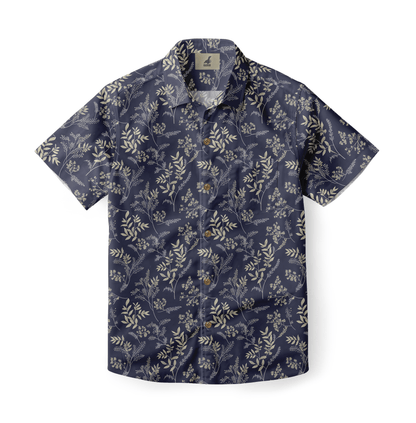 Navy shirt with delicate floral and leaf patterns, exuding a calm and elegant vibe.