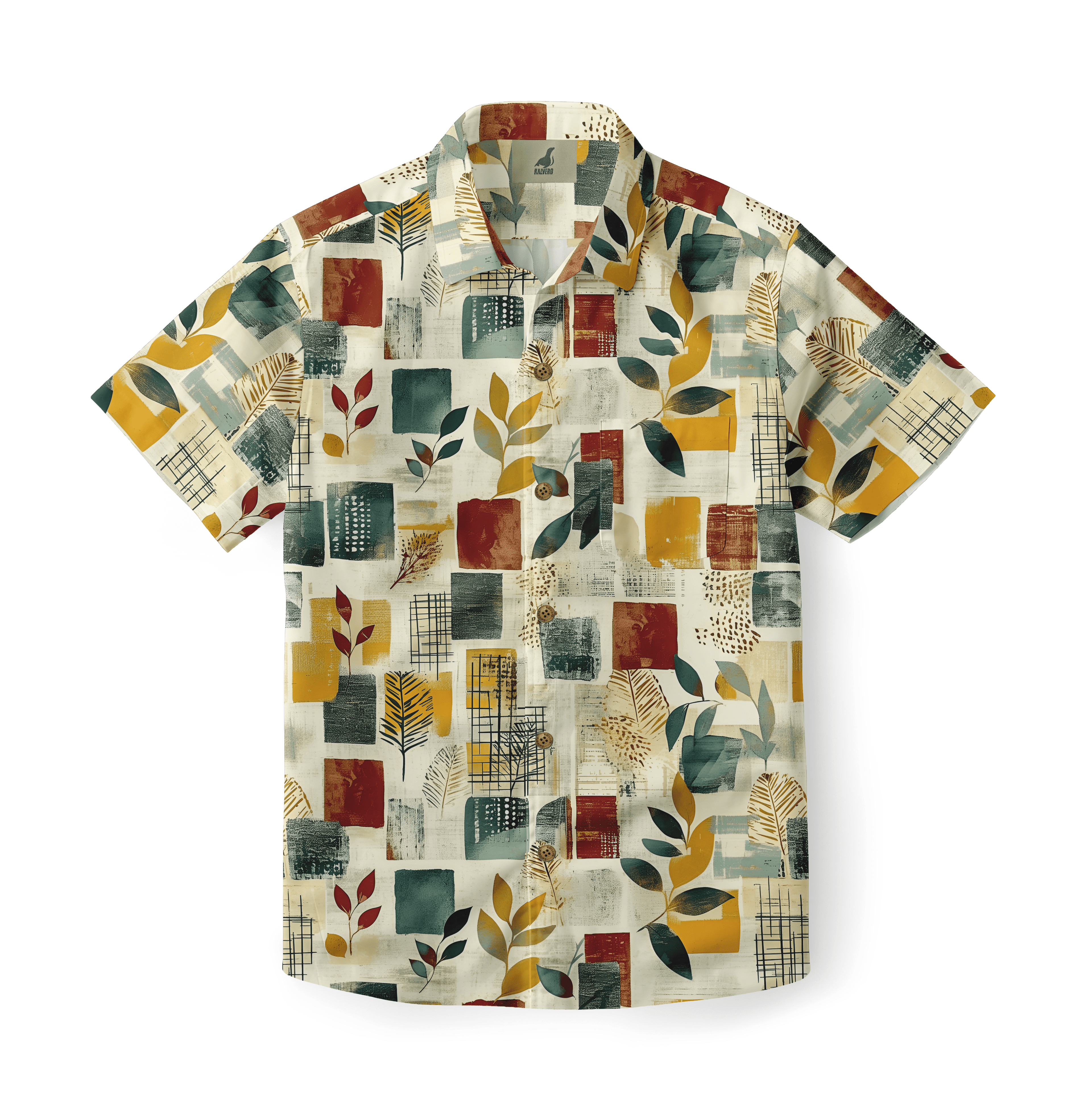 Abstract nature-inspired shirt with geometric and leaf patterns.