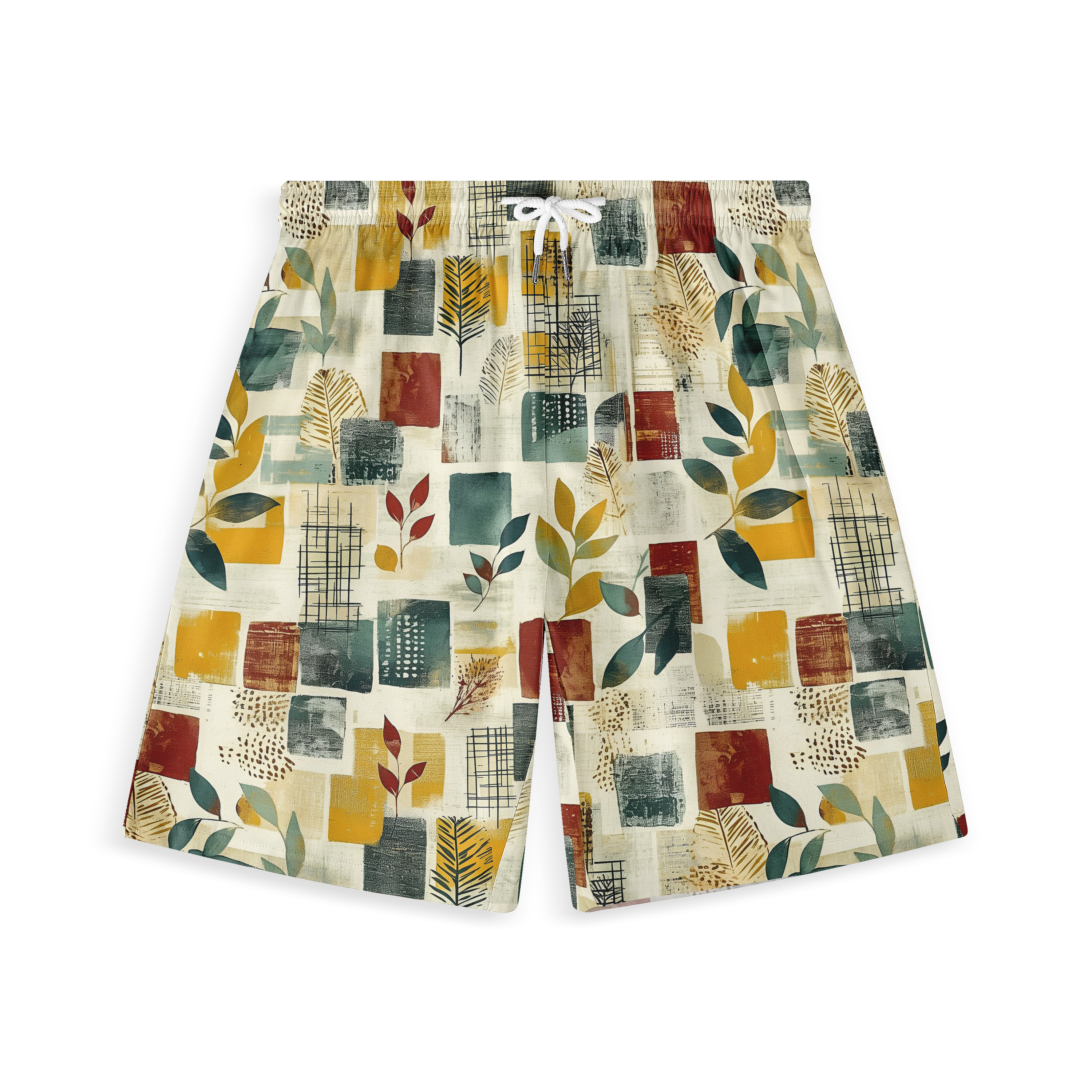 A pair of shorts featuring an abstract design with various shapes and botanical elements in earthy tones, set against a light background.