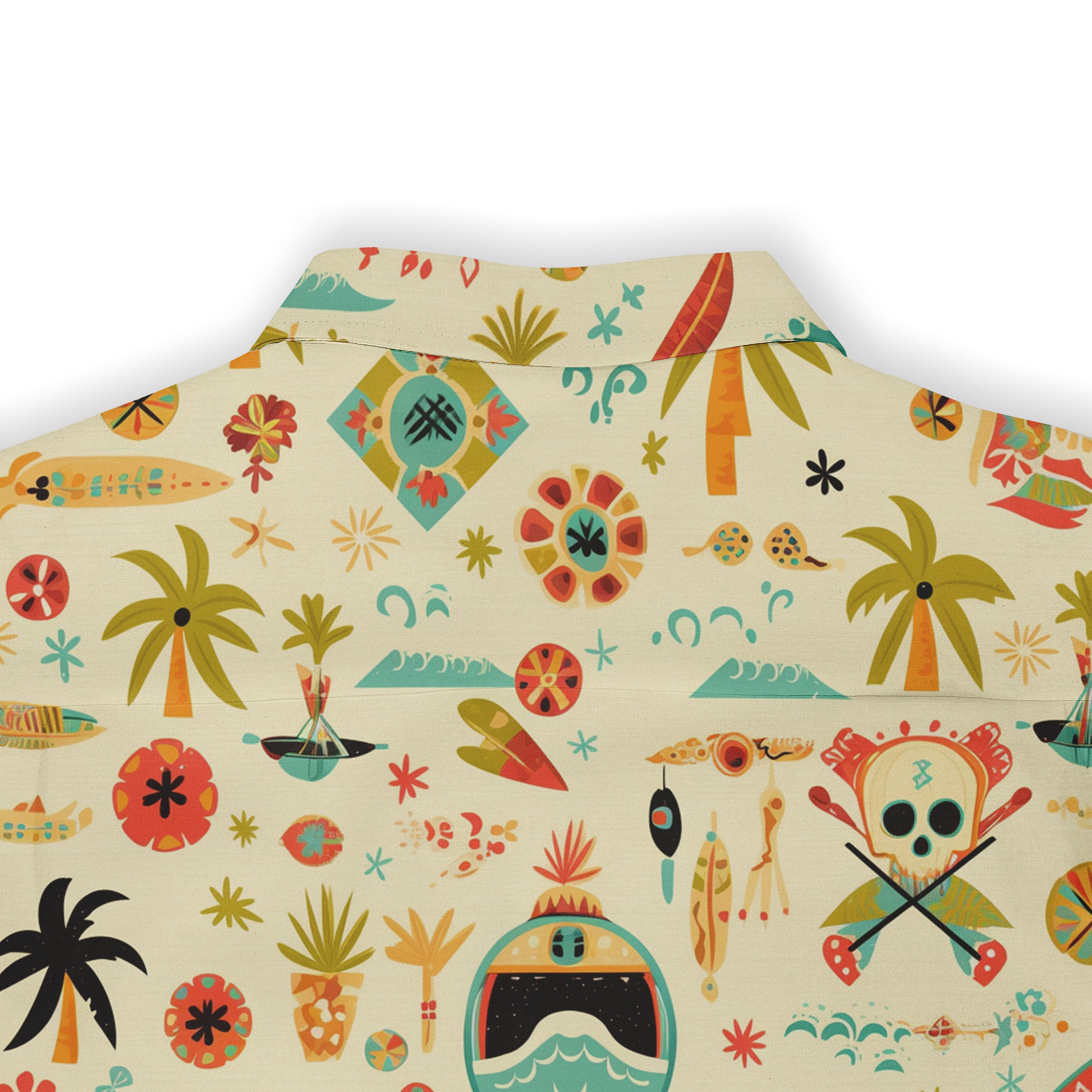 Alt text: Back view of a Hawaiian shirt featuring a playful design with various tropical-themed icons, including palm trees, surfboards, and beach elements in vibrant colors on a light background.