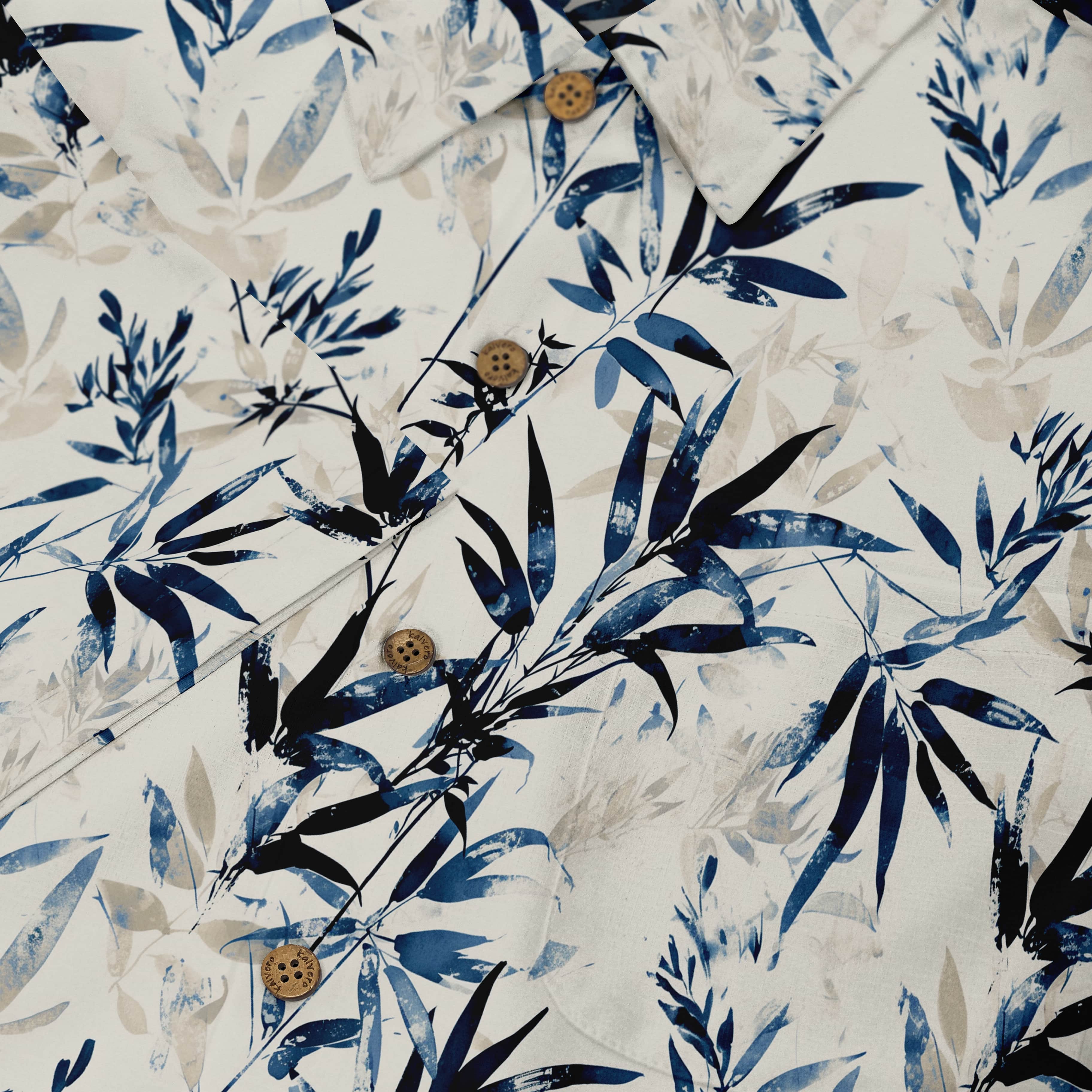 Indigo and navy bamboo leaves on a cream background shirt.