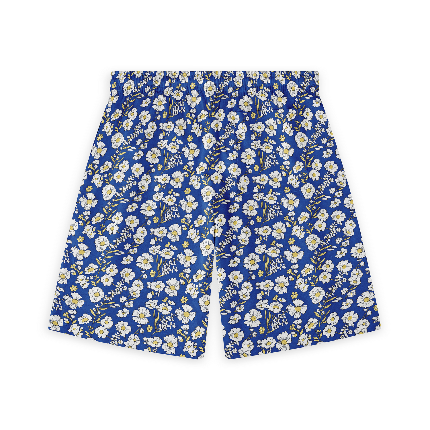 A pair of shorts featuring a design with white and yellow flowers on a vibrant blue background, creating a cheerful and lively look.