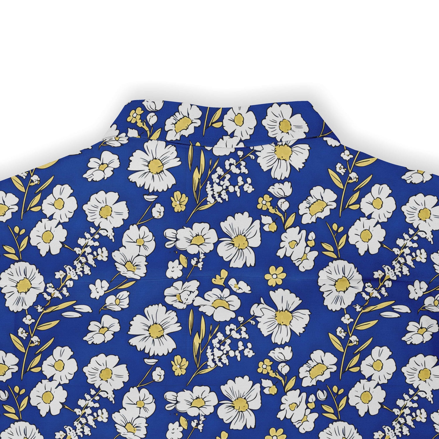 Elegant white blossom pattern on a blue shirt, bringing a touch of serenity.