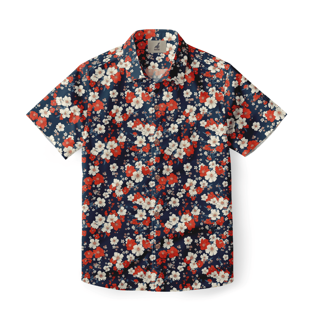 Close-up of a red and white floral pattern on a deep blue shirt.