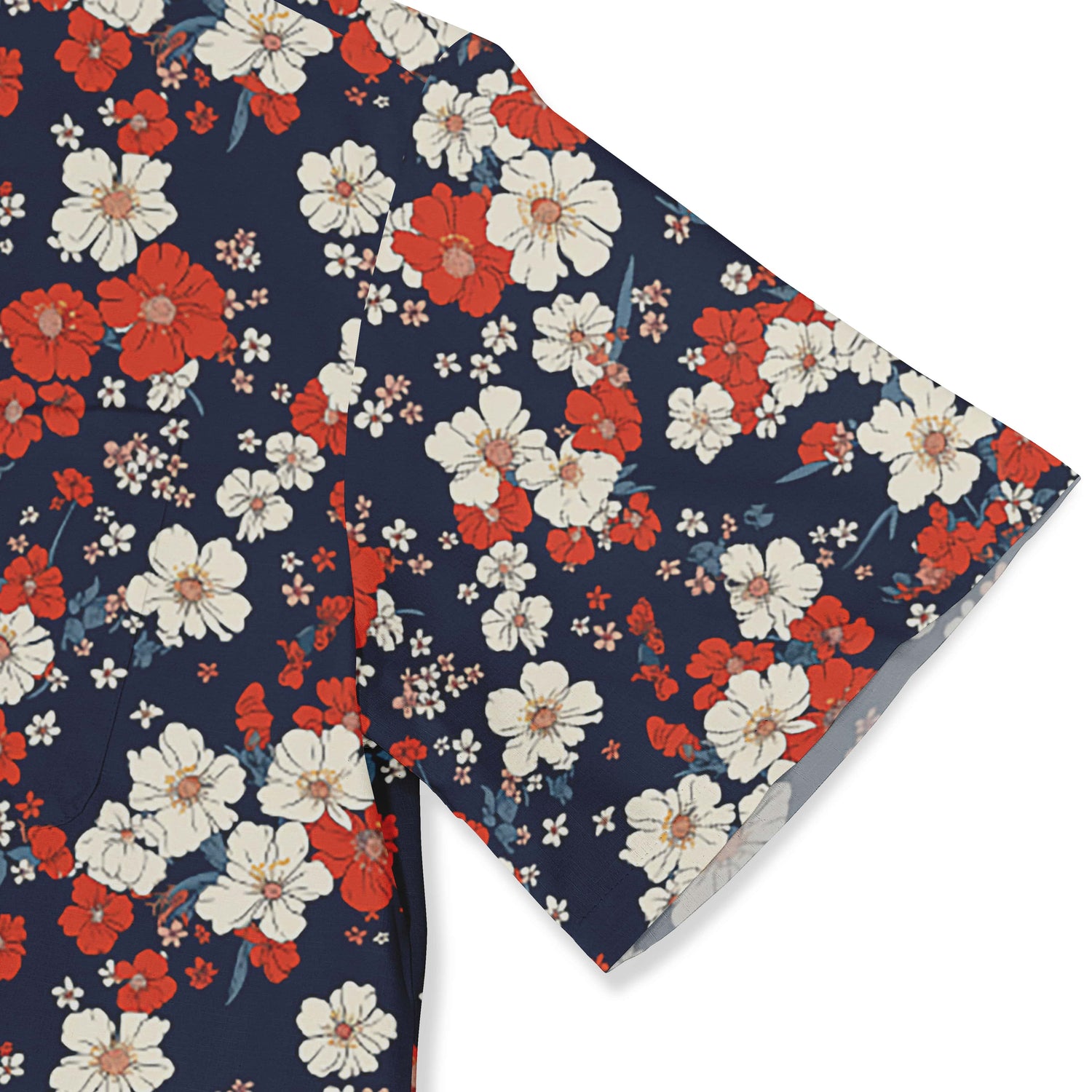 Red and white flowers elegantly scattered on a dark blue fabric.