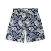 A pair of shorts featuring intricate blue and white floral patterns on a dark background, offering a classic and elegant look.