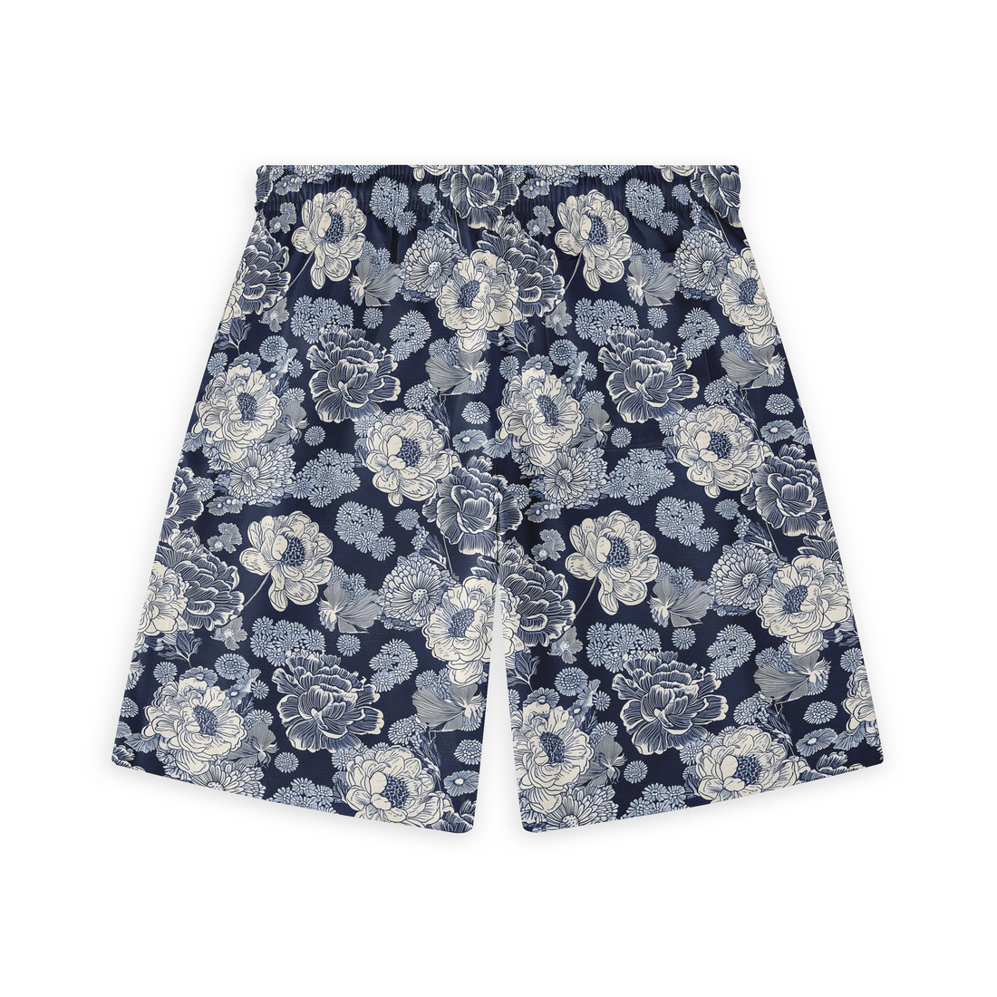 A pair of shorts featuring intricate blue and white floral patterns on a dark background, offering a classic and elegant look.