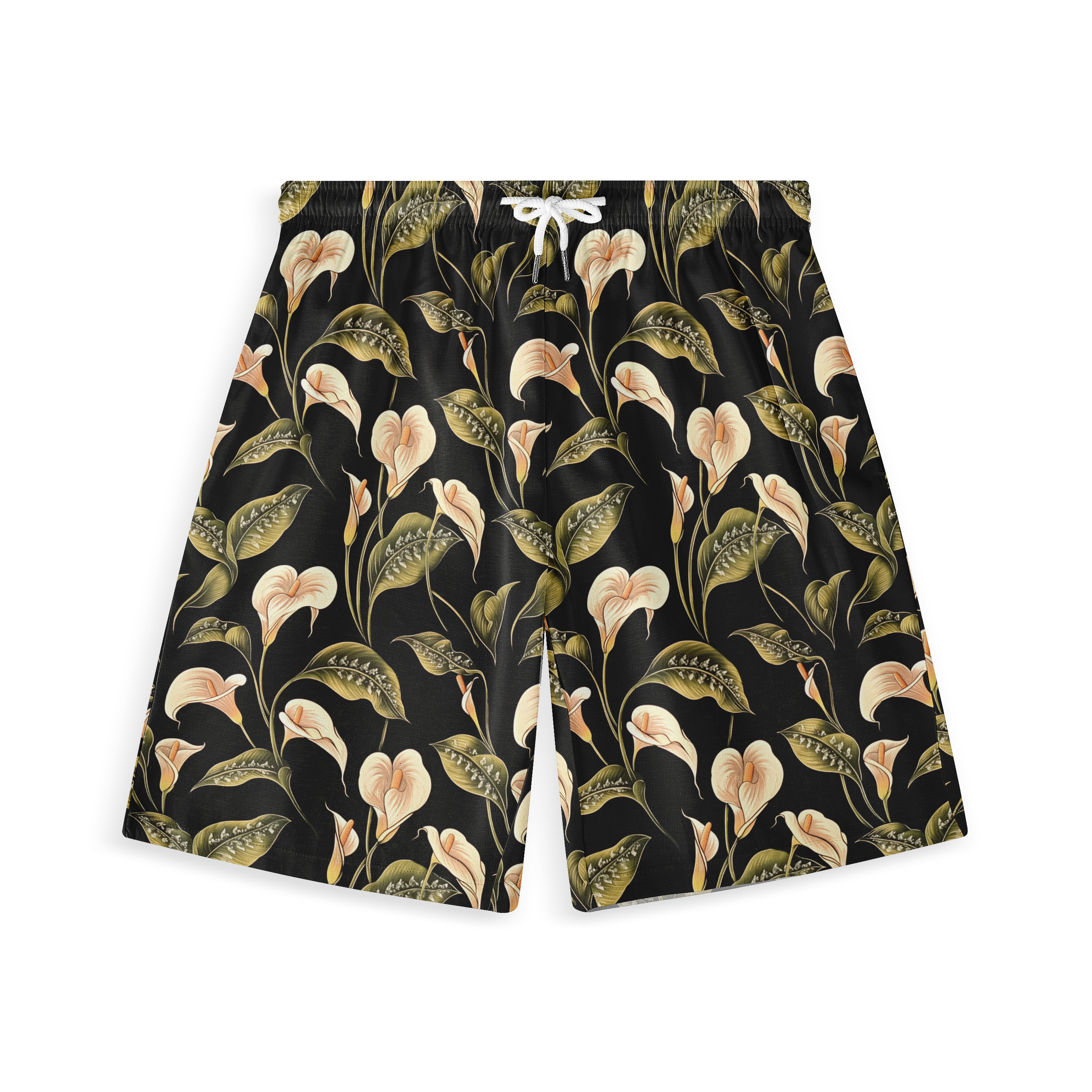 A pair of shorts featuring a design with elegant calla lilies and green leaves on a black background, creating a refined and sophisticated look.