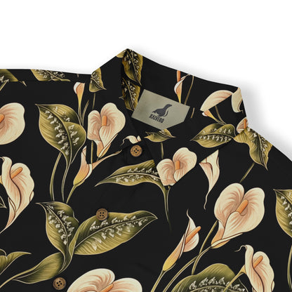 Elegant shirt featuring white calla lilies and green leaves on a black canvas.