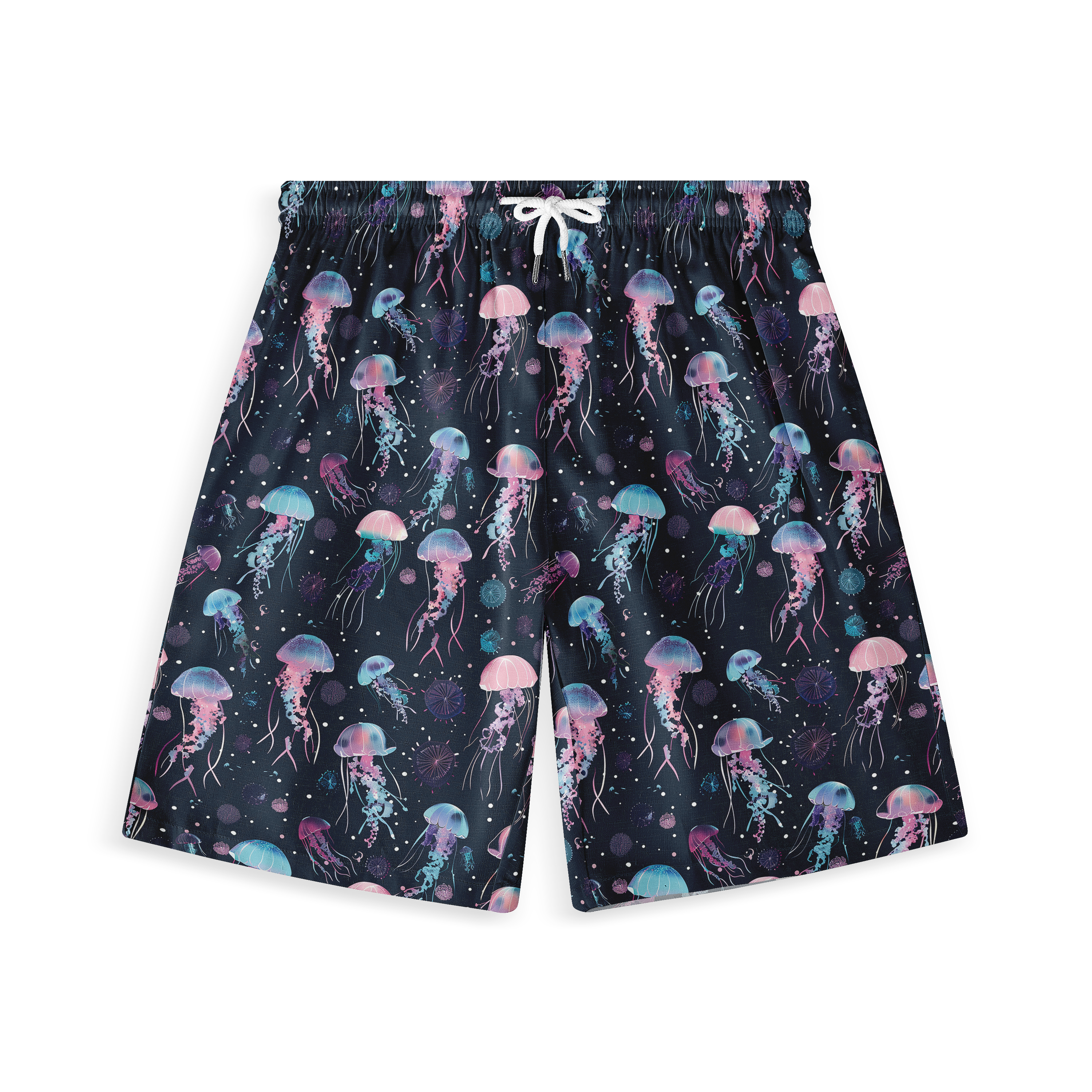 A pair of shorts featuring a design with colorful jellyfish on a dark background, creating an ethereal and aquatic-themed look.