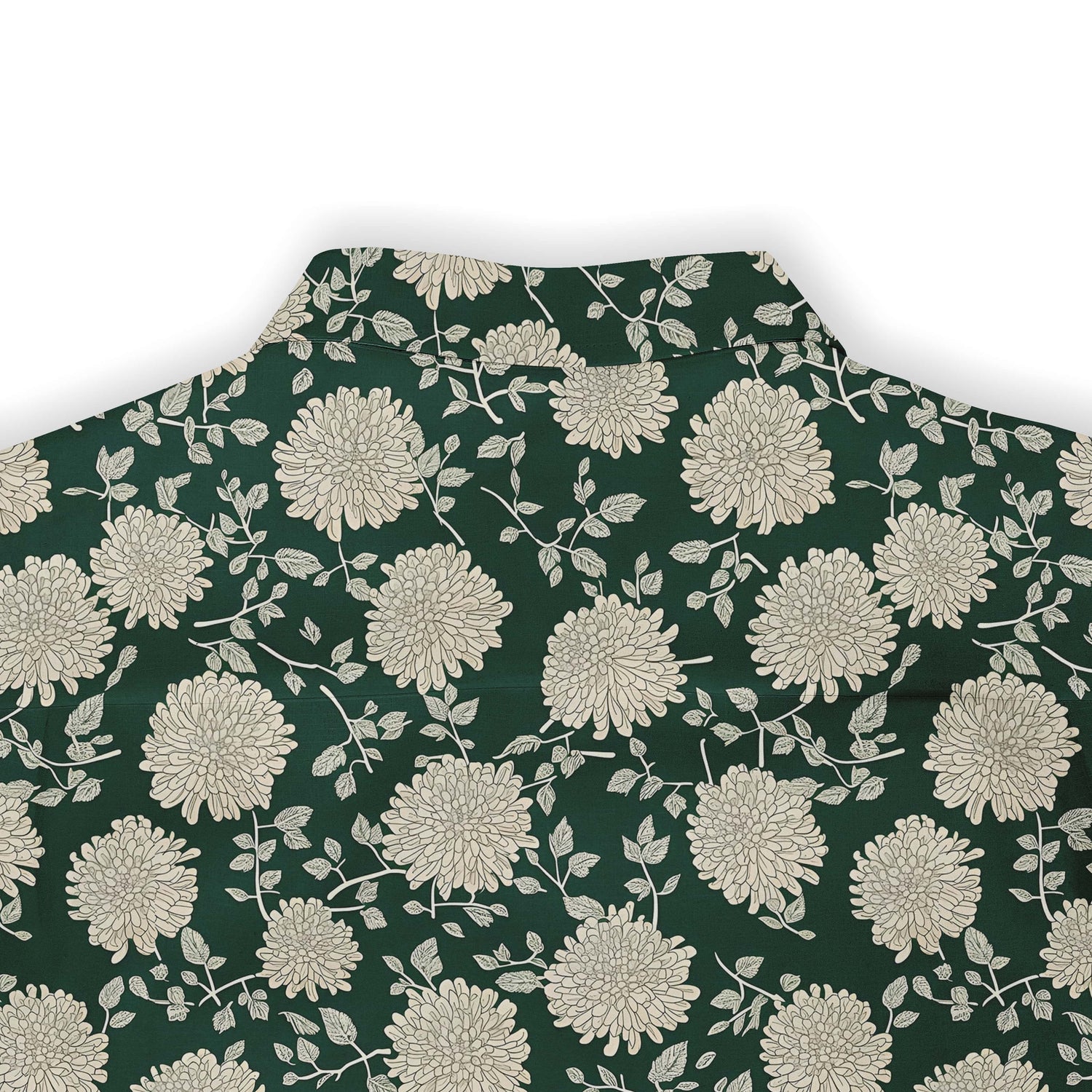 Stylish green shirt adorned with white chrysanthemum flowers.