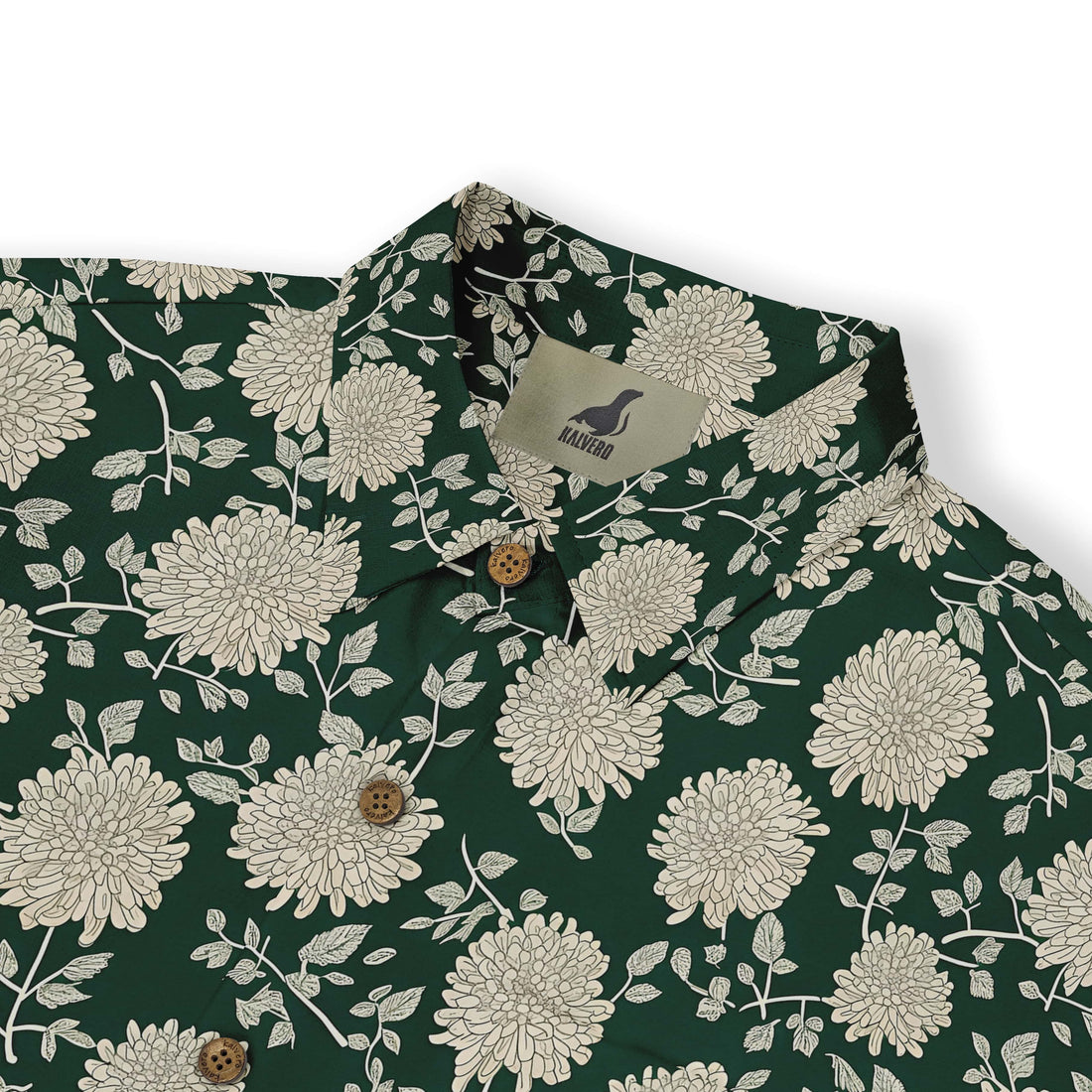 Elegant chrysanthemum-themed shirt in deep green and off-white.