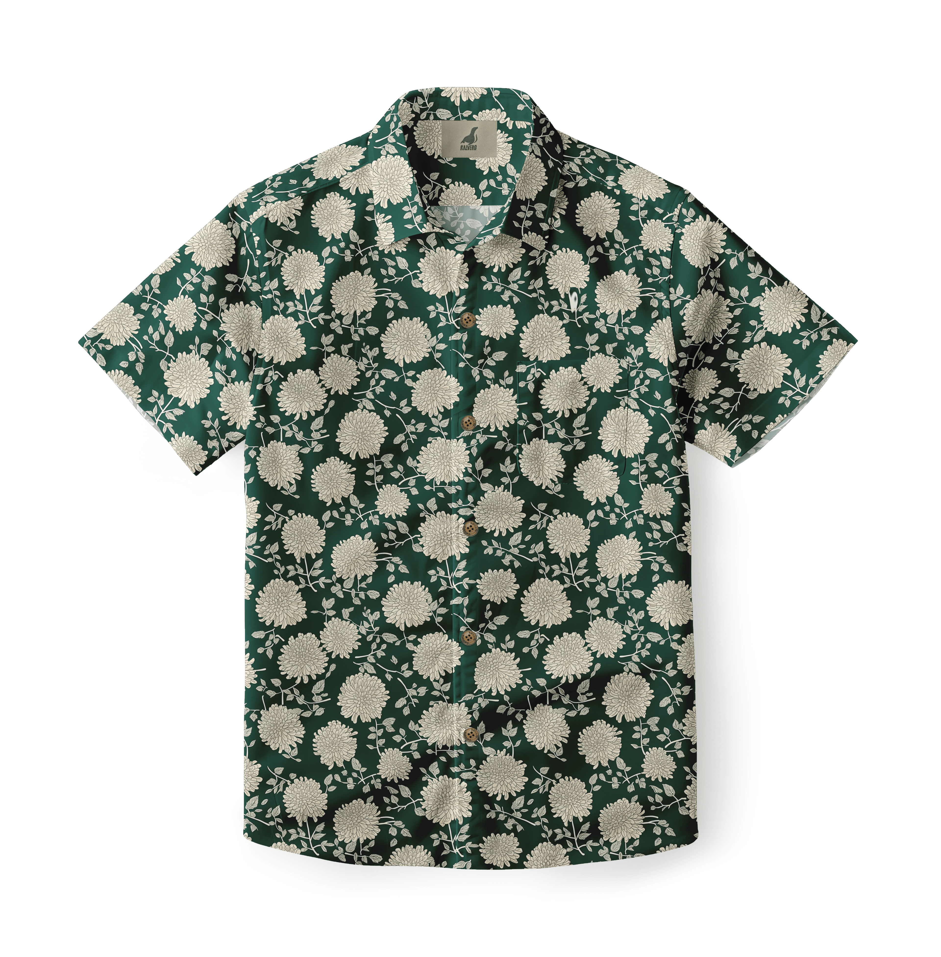 Green shirt with white chrysanthemum pattern.