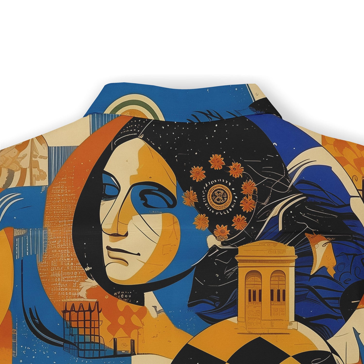 Colorful artistic collage shirt capturing the energy and vibrancy of city life.