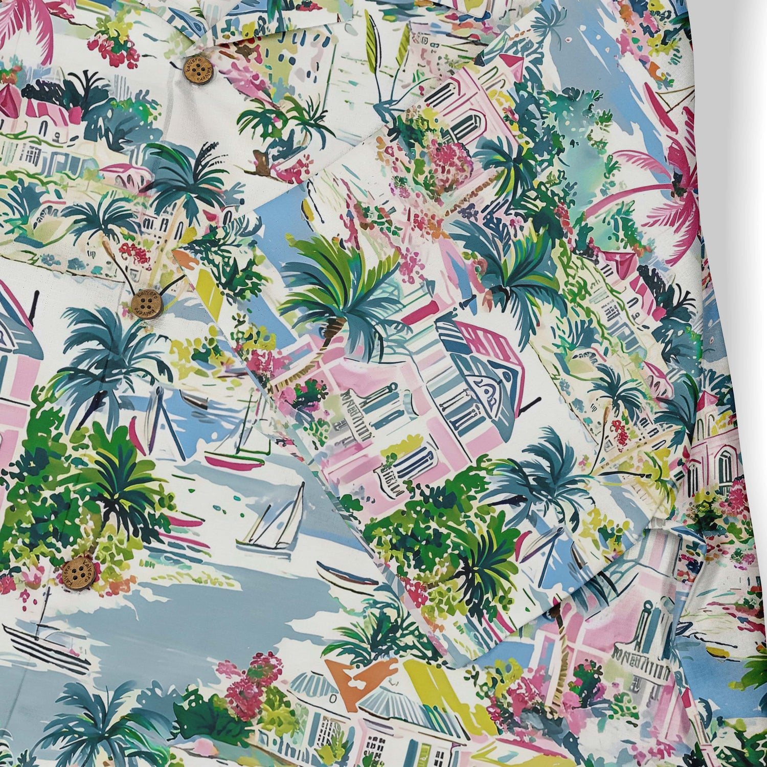 Relaxing seaside town design on a comfortable, lightweight shirt.