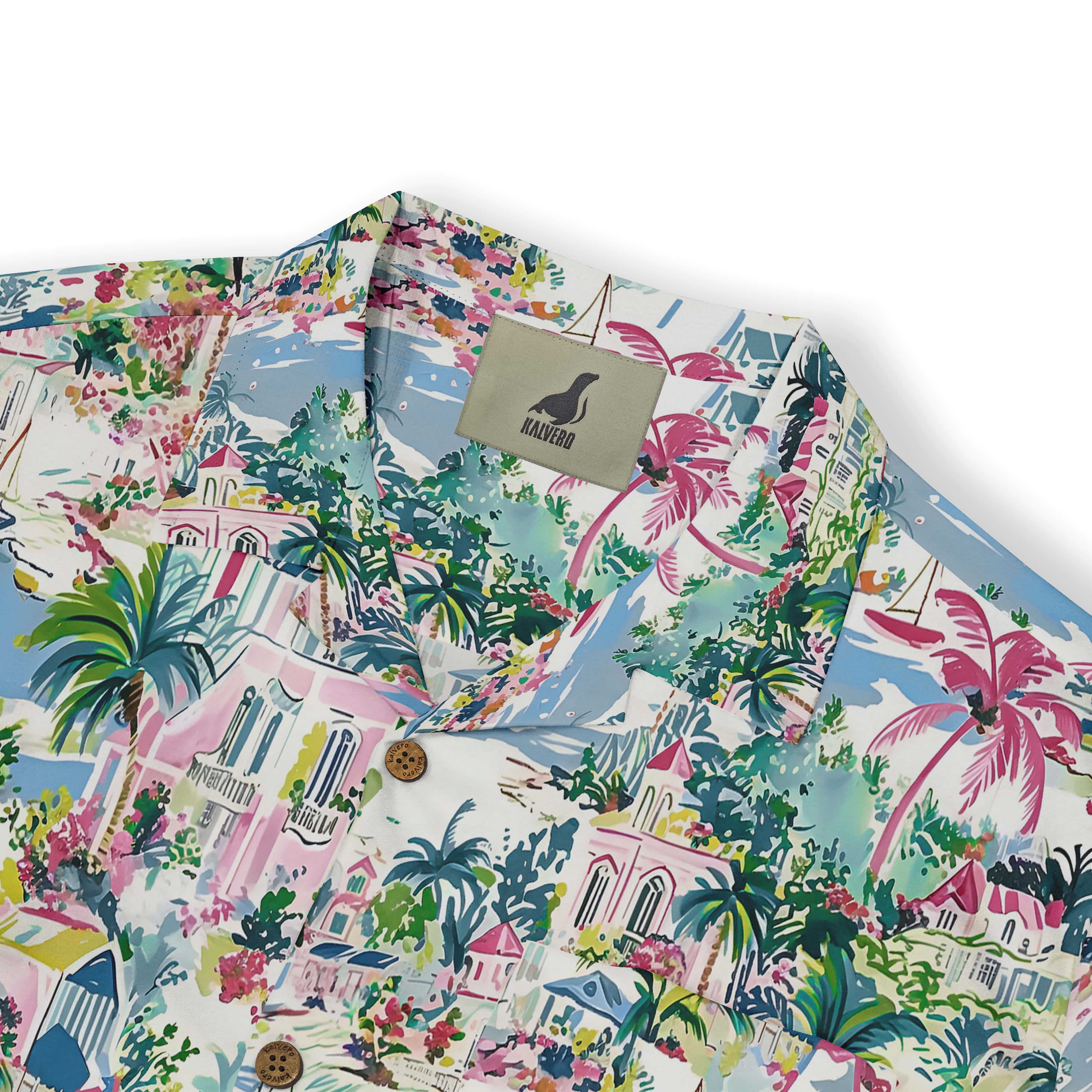 Beachside houses and palm trees on a tranquil shirt pattern.