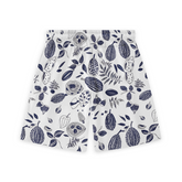 A pair of shorts featuring a design with various cocoa pods and leaves in a monochromatic blue and white color scheme on a light background, offering a stylish and unique botanical look.