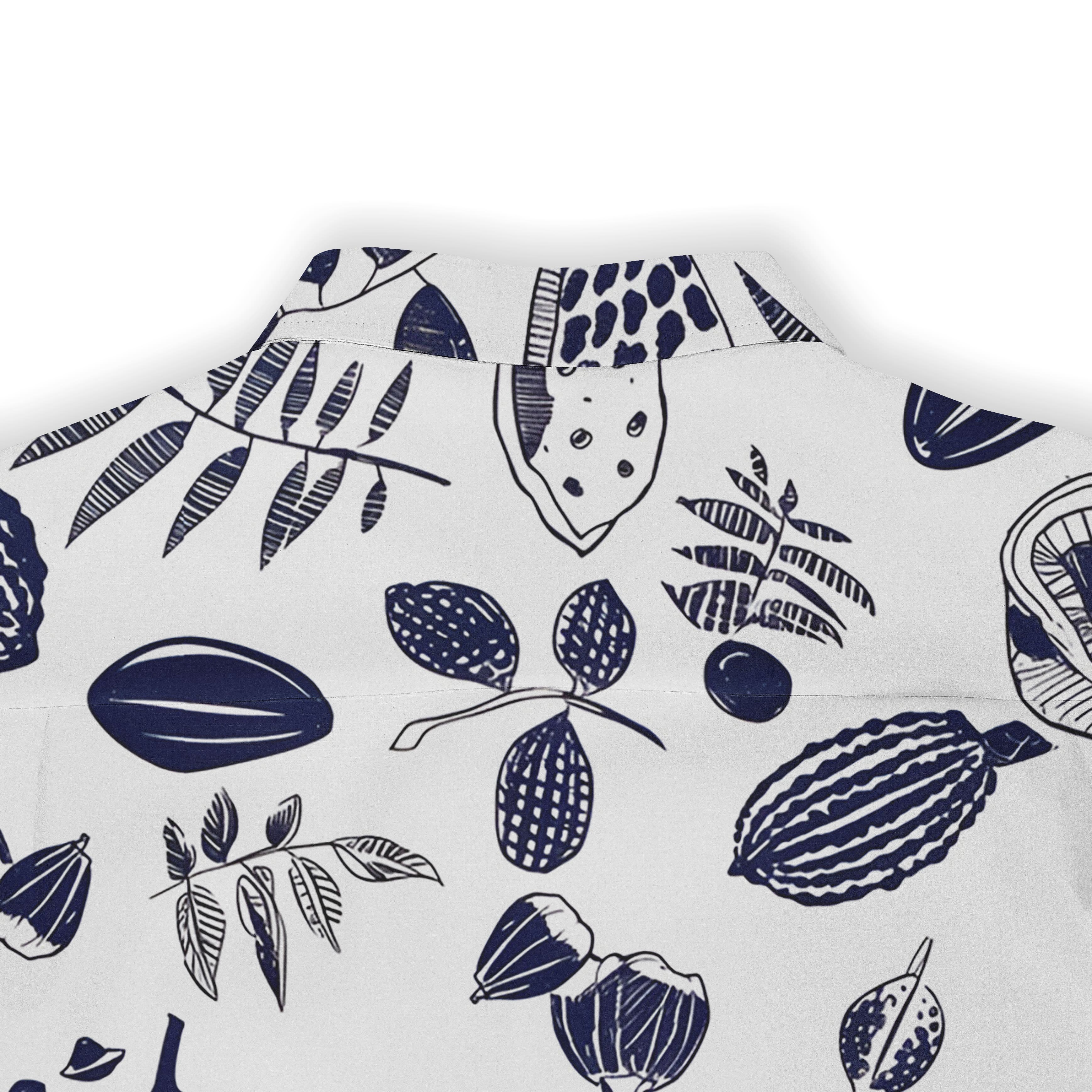 Detailed tropical fruit illustrations on a crisp white shirt.