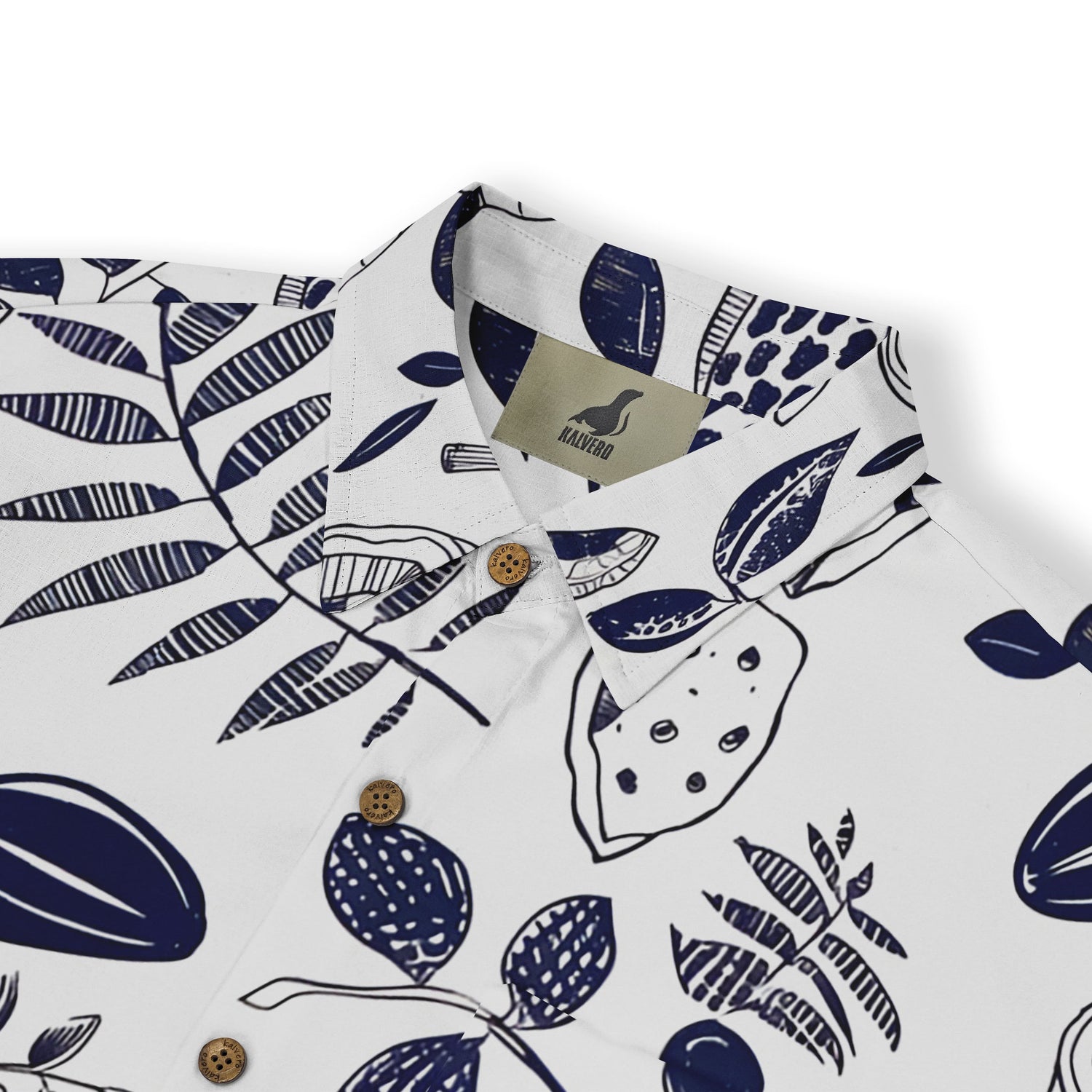 Blue and white shirt with tropical fruit illustrations.