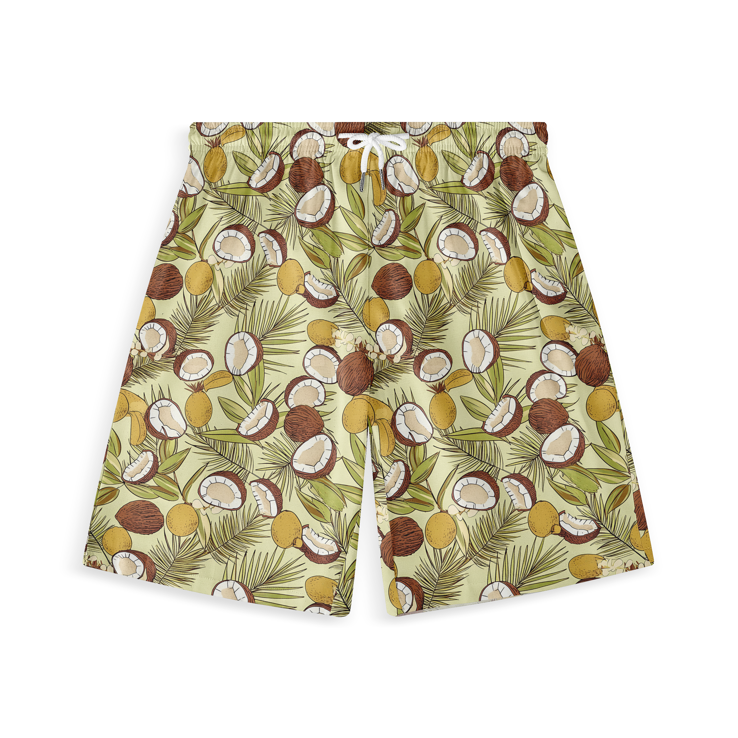 A pair of shorts featuring a design with coconuts and palm leaves in earthy tones on a light background, evoking a tropical and laid-back vibe.