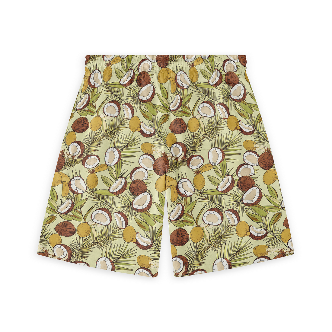 A pair of shorts featuring a design with coconuts and palm leaves in earthy tones on a light background, evoking a tropical and laid-back vibe.