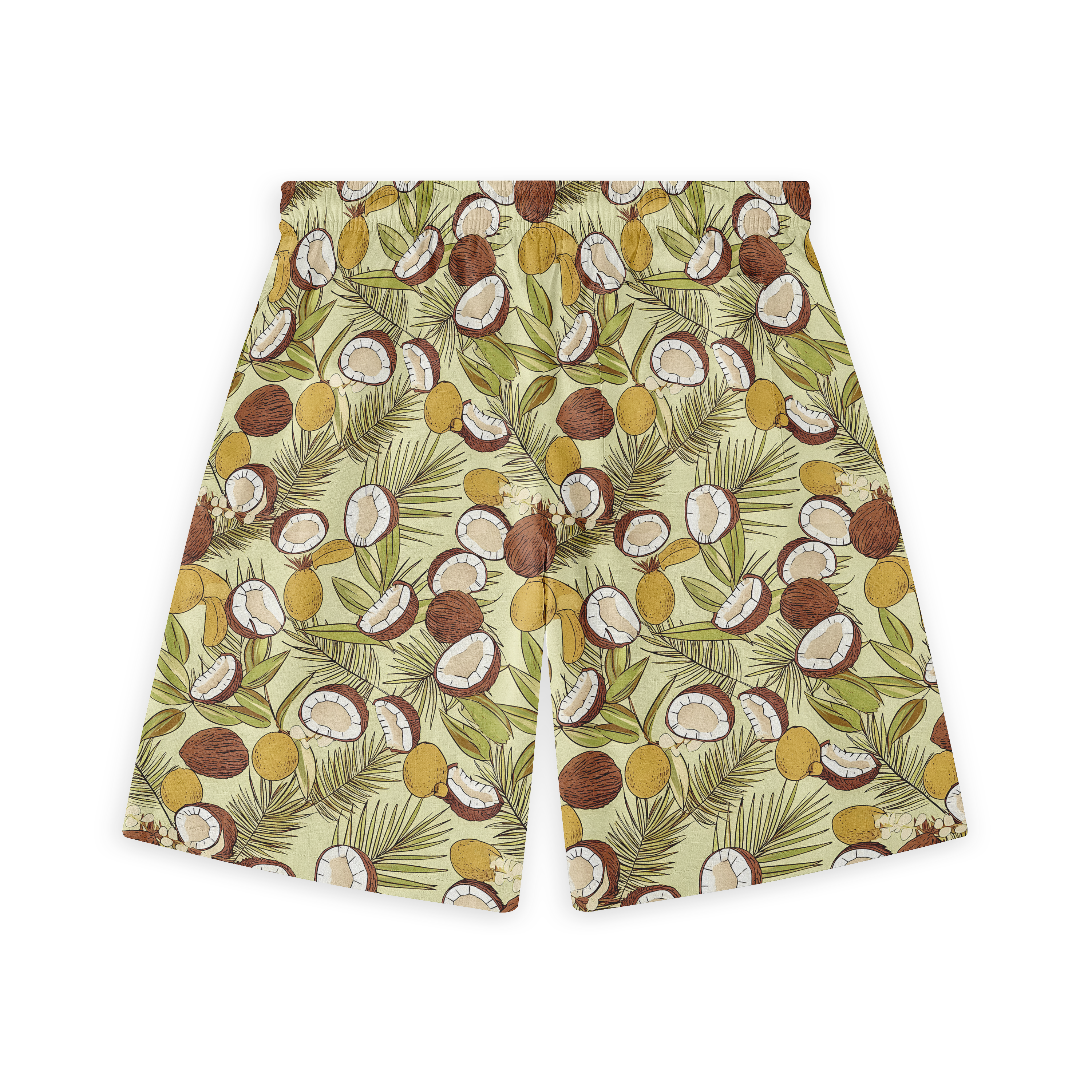 A pair of shorts featuring a design with coconuts and palm leaves in earthy tones on a light background, evoking a tropical and laid-back vibe.