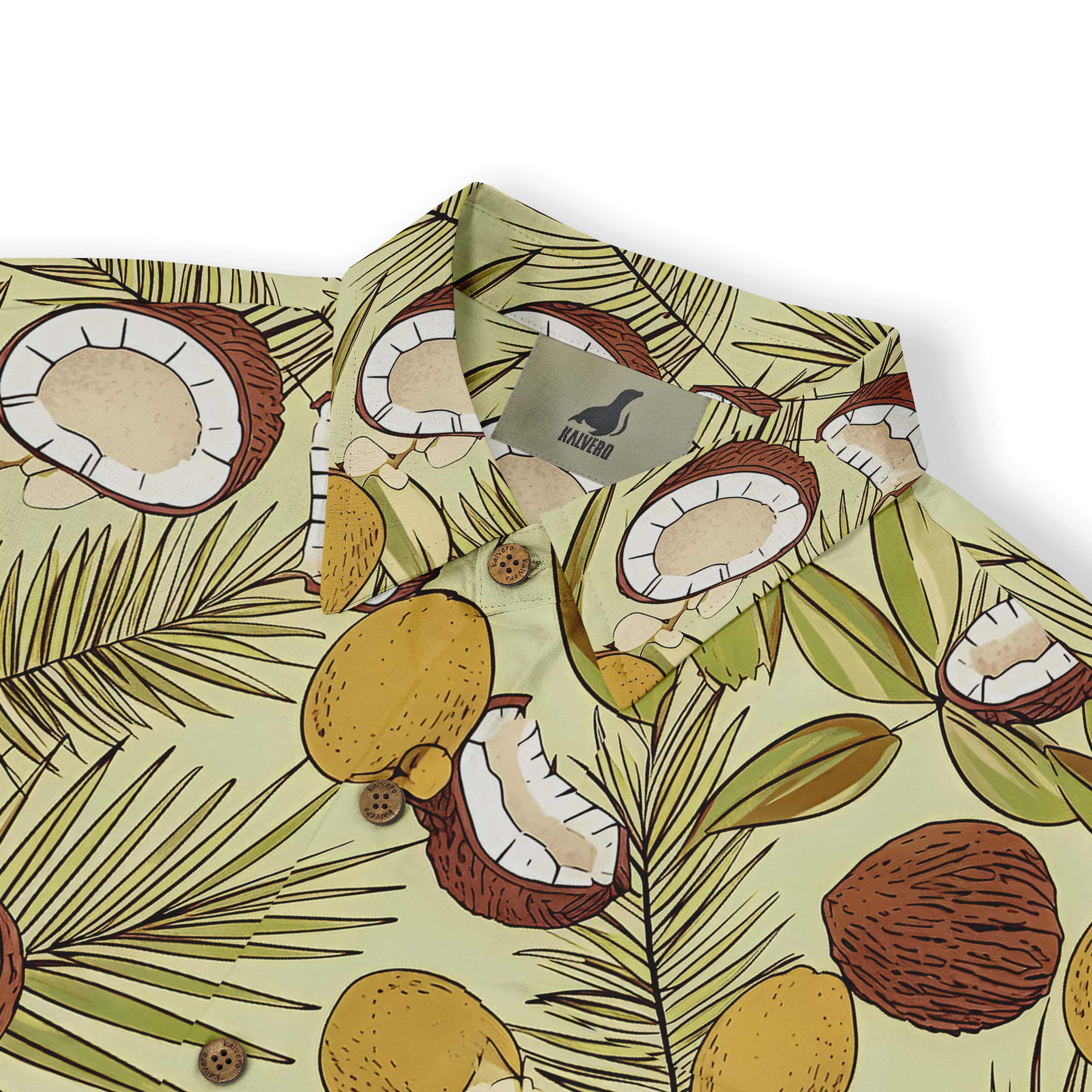 Tropical coconut-themed design on a light green Hawaiian shirt.