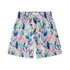 Colorful short featuring intricate coral reef and tropical fish designs.