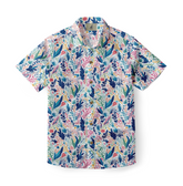 Colorful shirt featuring intricate coral reef and tropical fish designs.