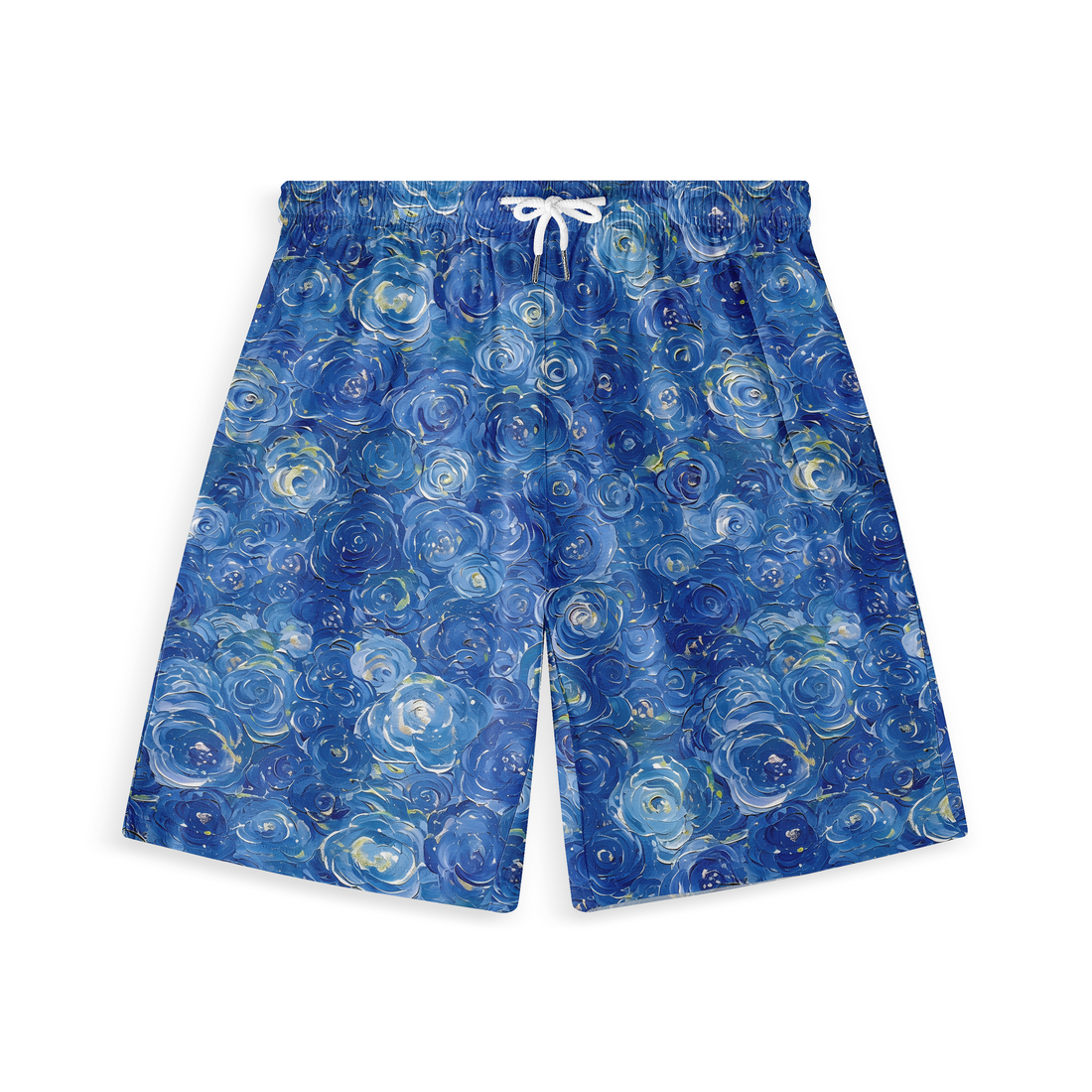 A pair of shorts featuring swirling blue patterns reminiscent of abstract flowers or cosmic elements, creating a vibrant and dynamic look.