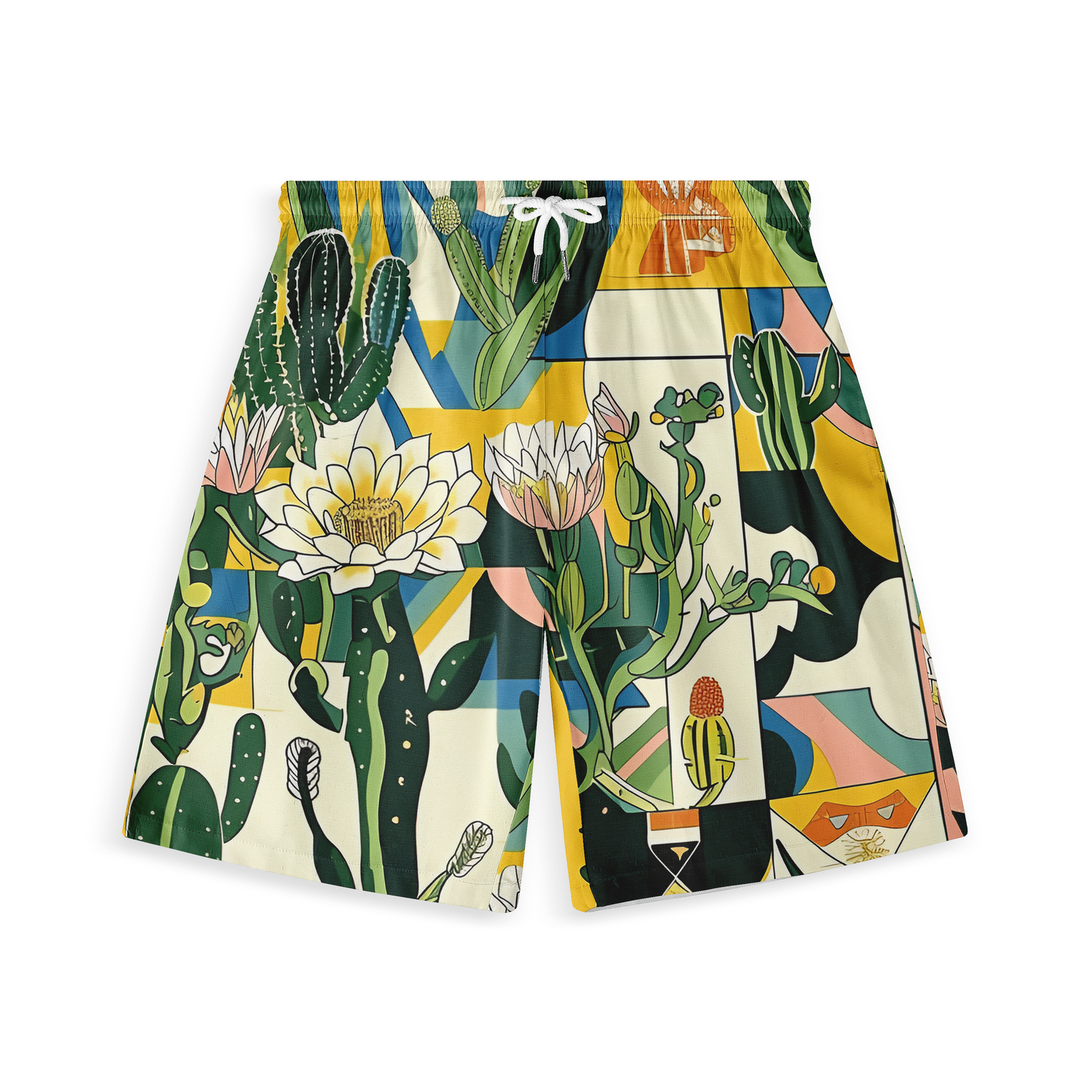 A pair of shorts featuring a vibrant, artistic design with various cactus plants and desert elements, creating a bold and lively look.