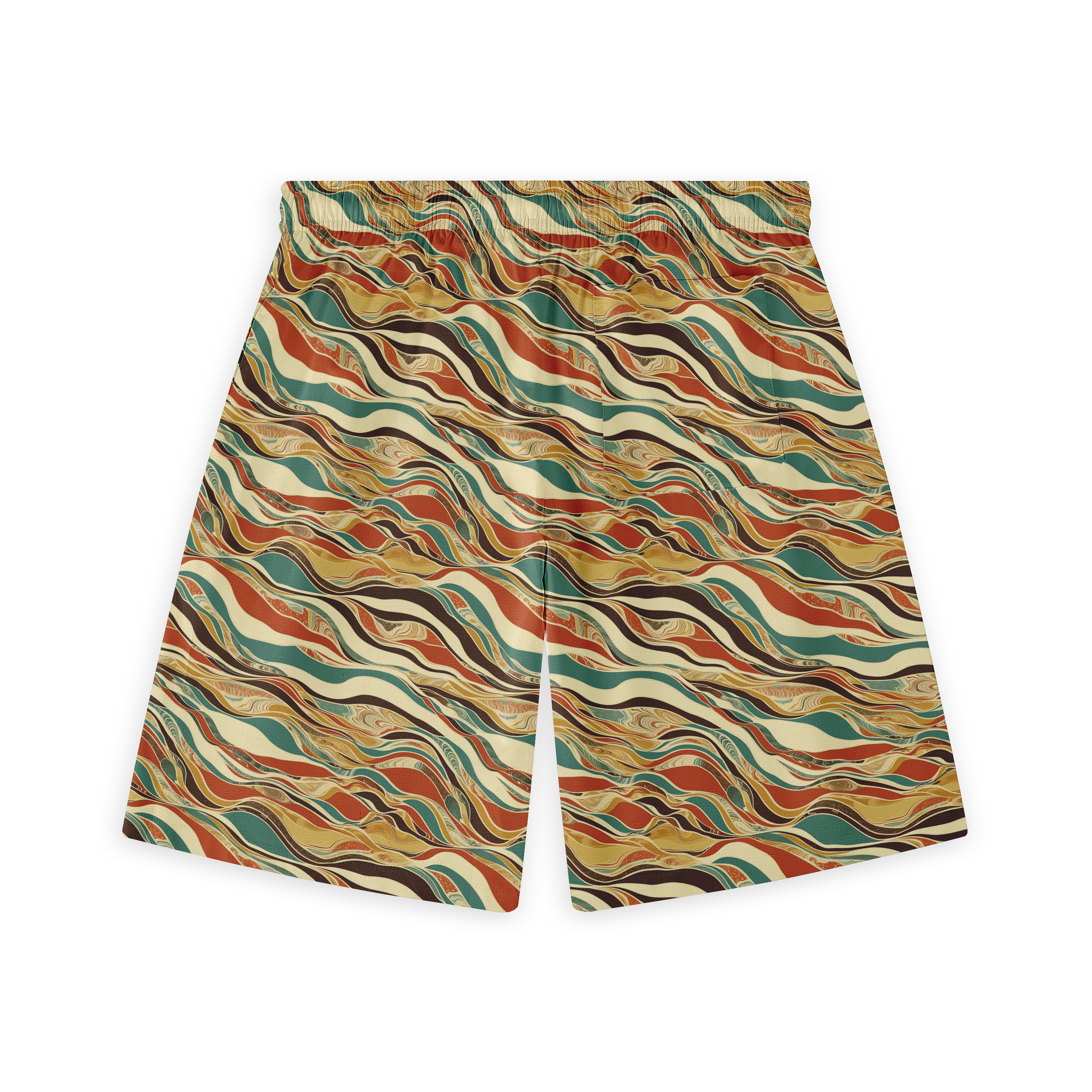 A pair of shorts featuring abstract waves in earthy tones, creating a flowing and dynamic pattern that captures the essence of desert landscapes.