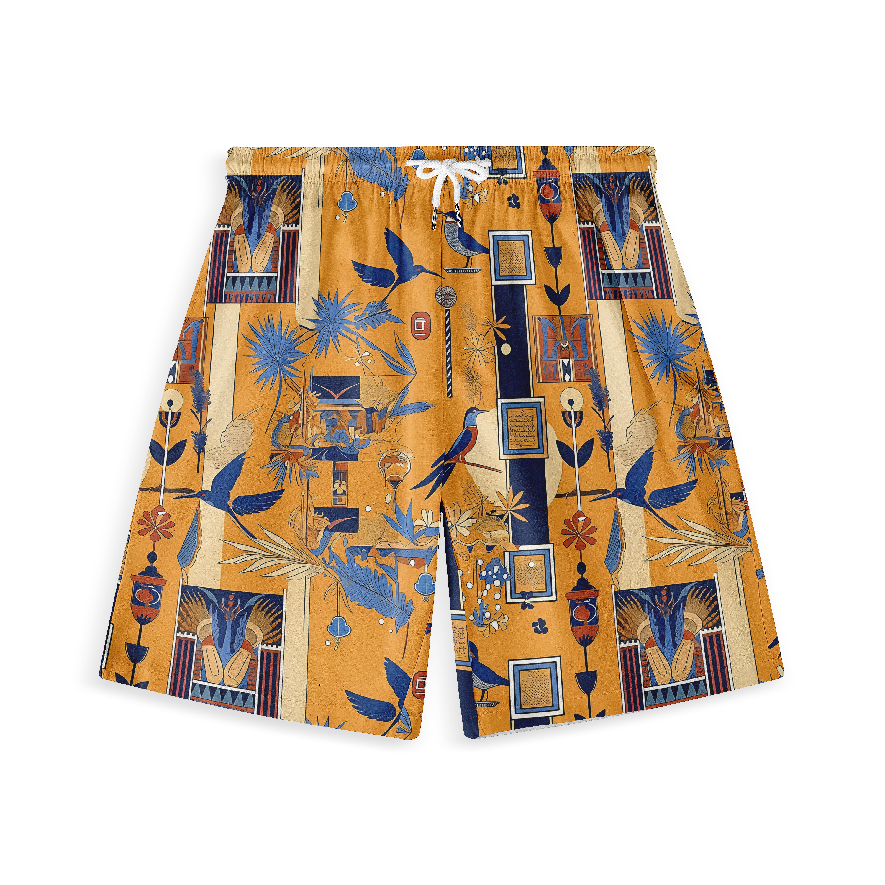 A pair of shorts featuring Egyptian-inspired patterns with birds, hieroglyphics, and abstract elements in rich colors, creating a bold and culturally infused design.