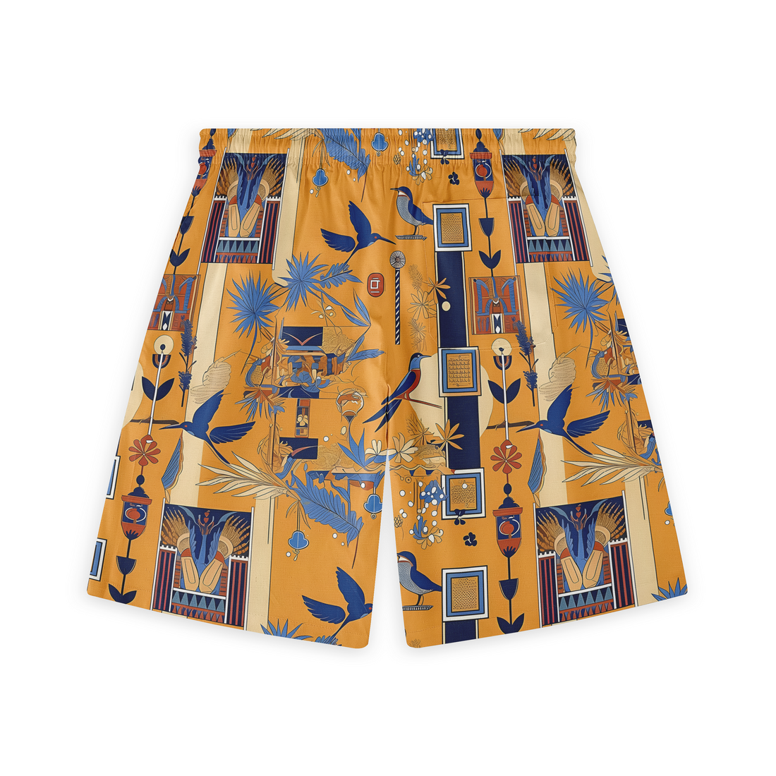 A pair of shorts featuring Egyptian-inspired patterns with birds, hieroglyphics, and abstract elements in rich colors, creating a bold and culturally infused design.