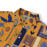 Ancient Egyptian art-inspired shirt with rich blue and golden yellow motifs.