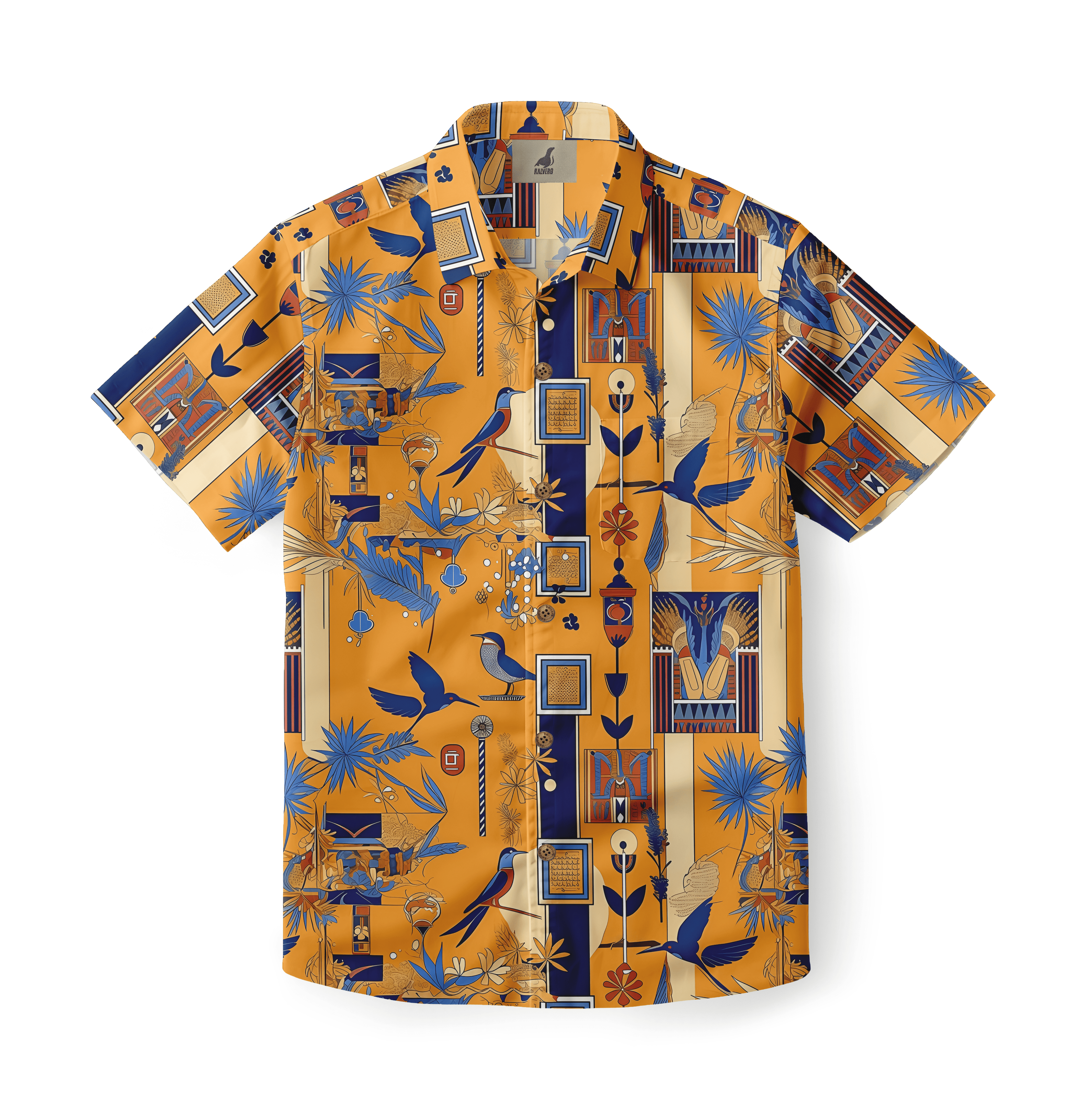 Shirt with intricate Egyptian-themed pattern featuring hieroglyphics and birds.