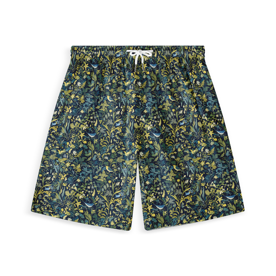 A pair of shorts featuring a design with intricate foliage, birds, and botanical elements in deep, natural tones, evoking the mysterious beauty of an enchanted forest.