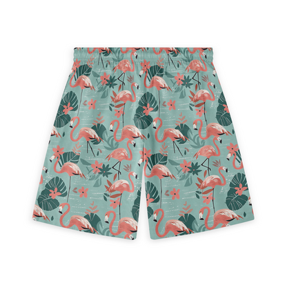 A pair of shorts featuring a design with pink flamingos, green leaves, and flowers on a light teal background, creating a fun and tropical vibe.