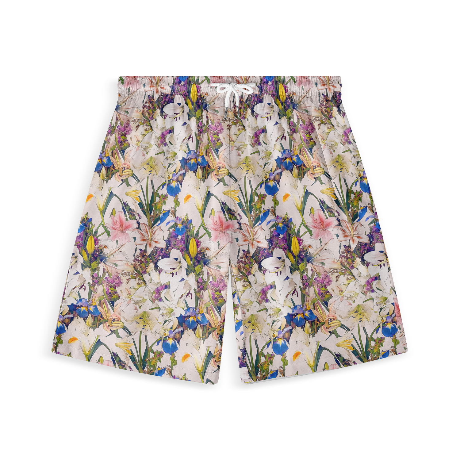 A pair of shorts featuring a vibrant array of flowers in various colors, creating a lively and intricate floral pattern.