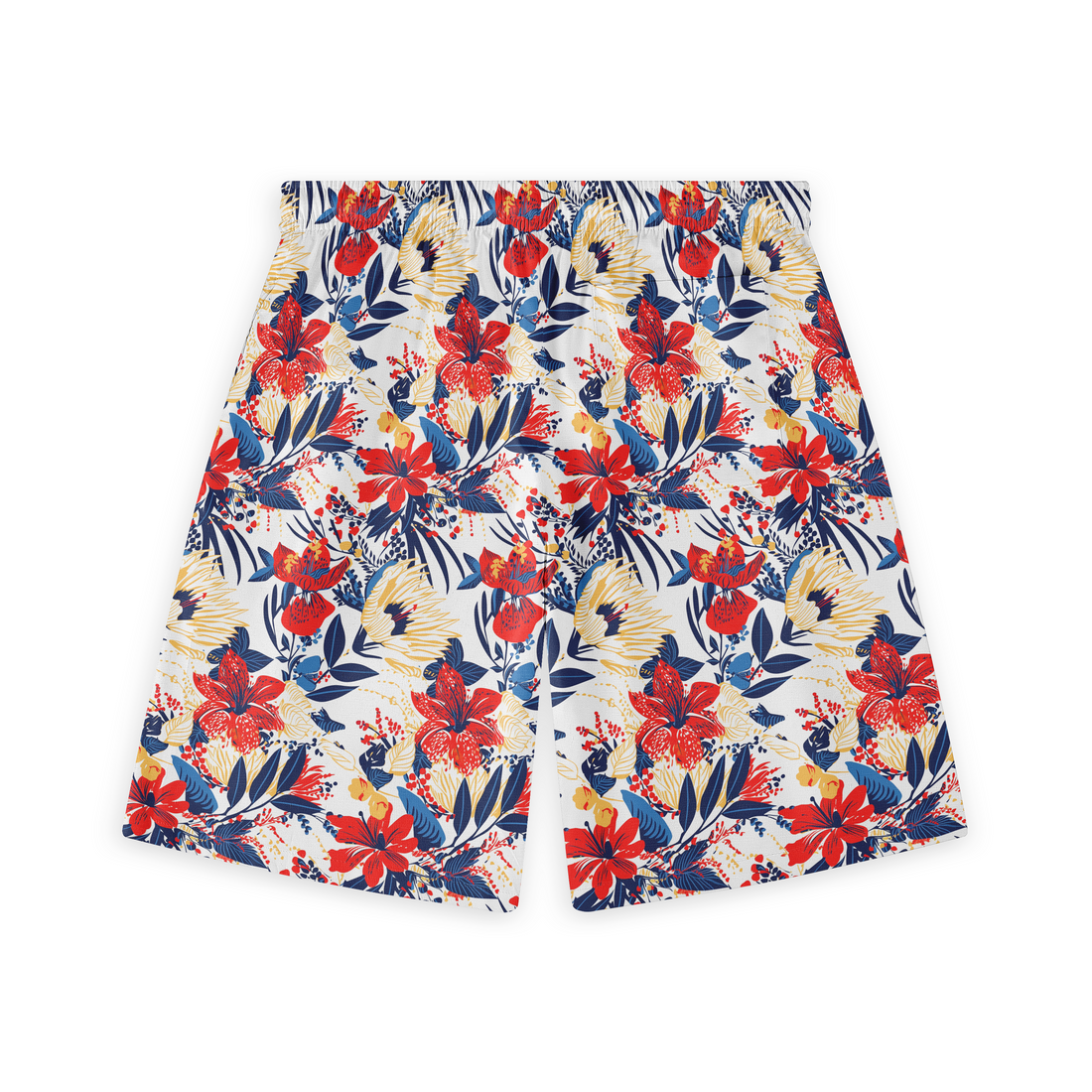 A pair of shorts featuring vibrant red and yellow flowers with dark blue leaves on a light background, creating a bold and colorful floral design.