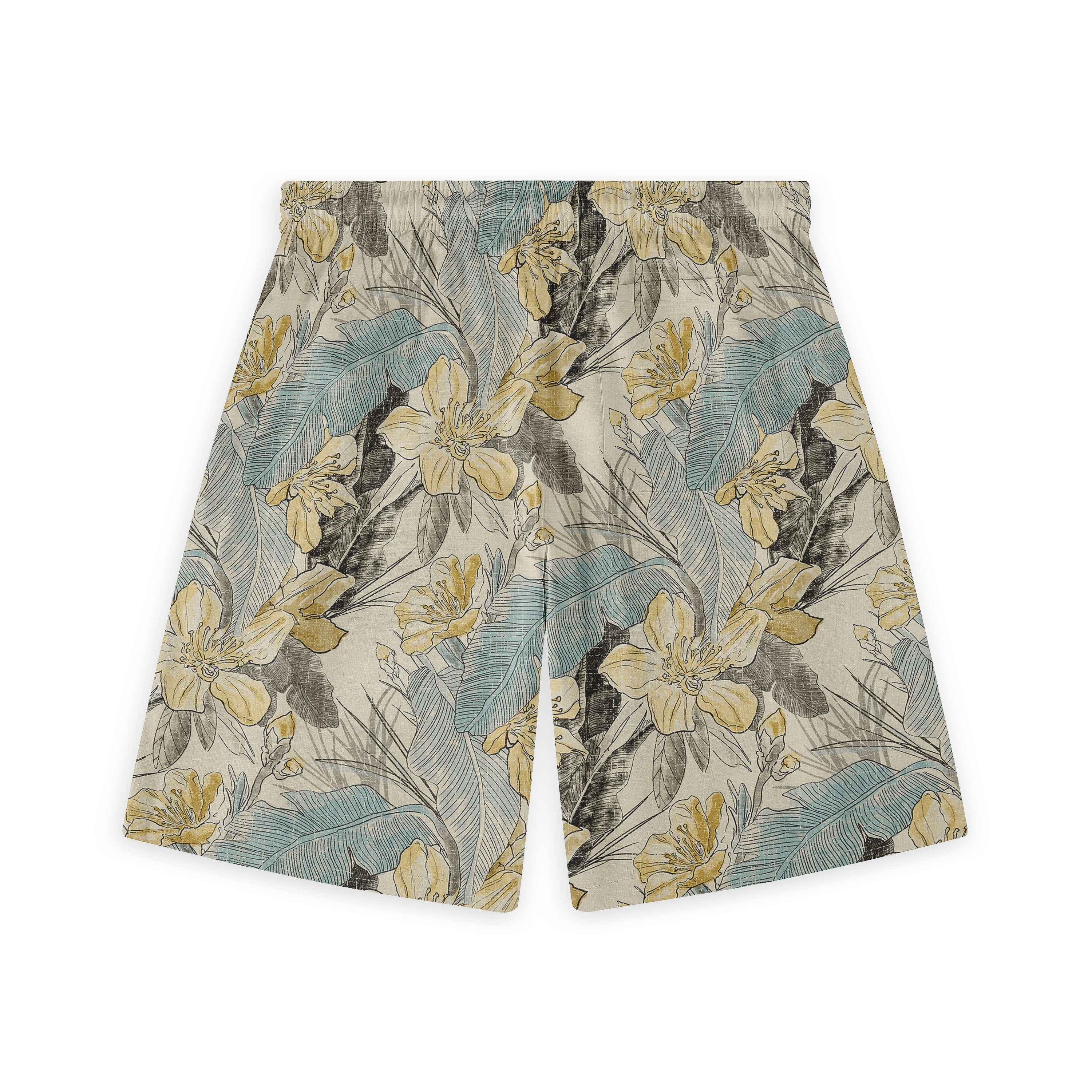 Back view of a pair of shorts featuring a vintage floral pattern with yellow flowers, blue leaves, and black accents on a beige background, showcasing a classic and detailed design.