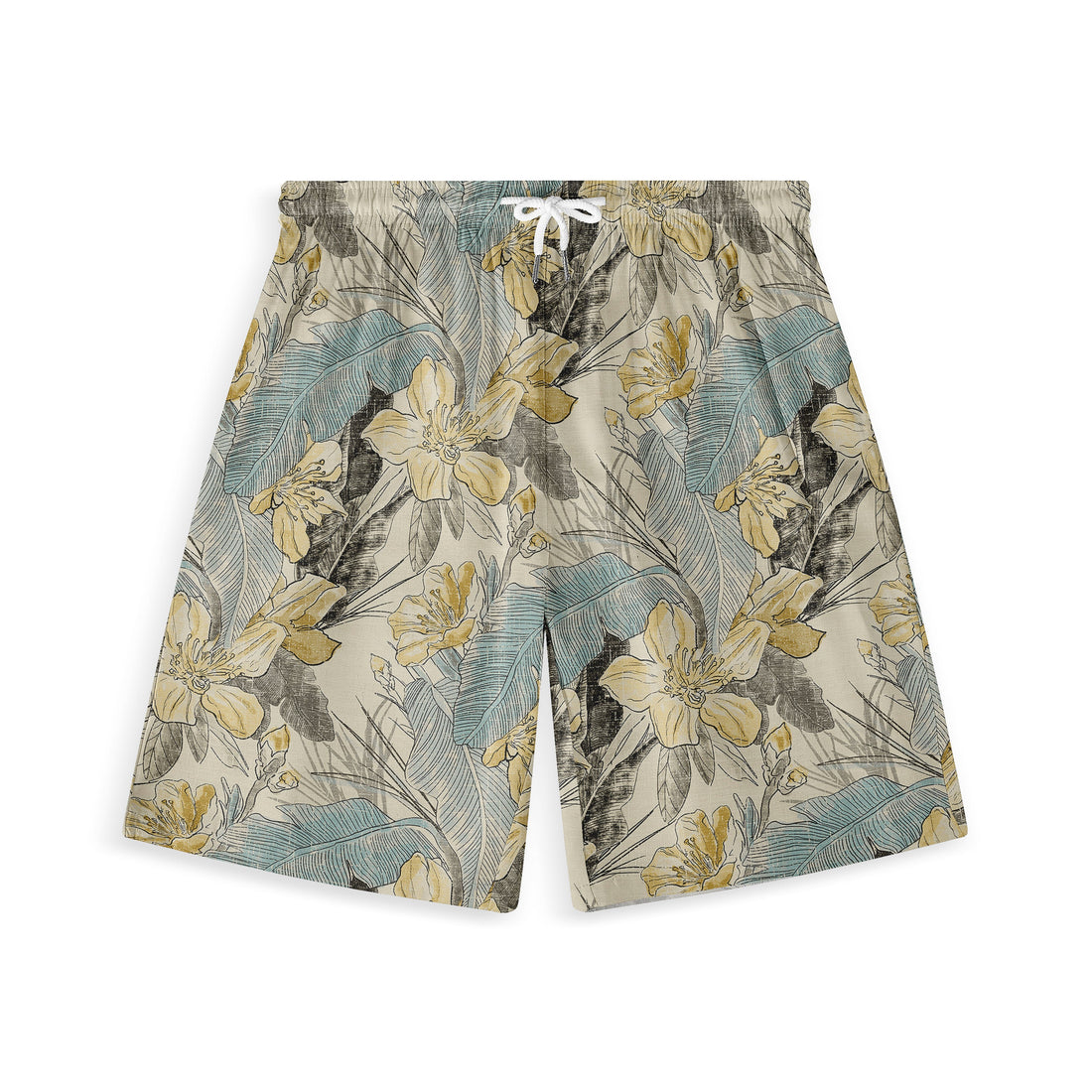 Front view of a pair of shorts featuring a vintage floral pattern with yellow flowers, blue leaves, and black accents on a beige background, offering a classic and detailed design.