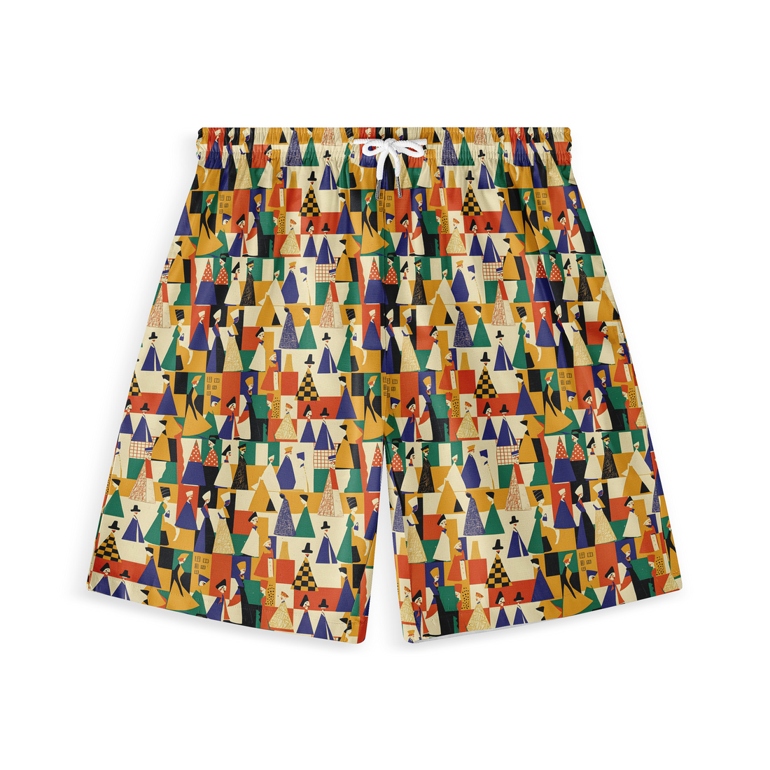 A pair of shorts featuring a design with geometric shapes and abstract human figures in various colors, creating a bold and artistic pattern.