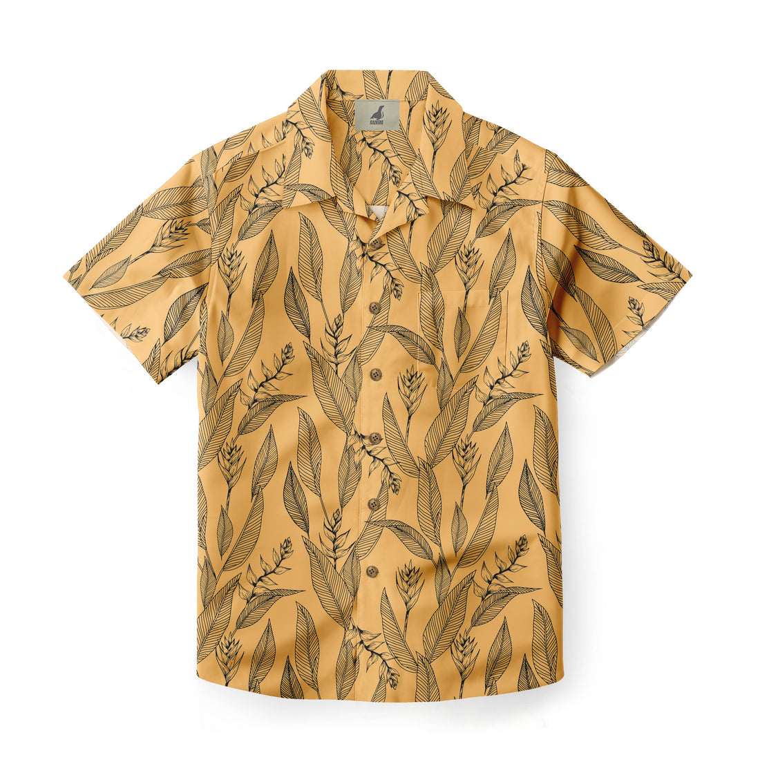 Front view of a short-sleeve shirt featuring a botanical design with detailed black line-drawn leaves and flowers on a warm yellow background, creating a stylish and nature-inspired look.