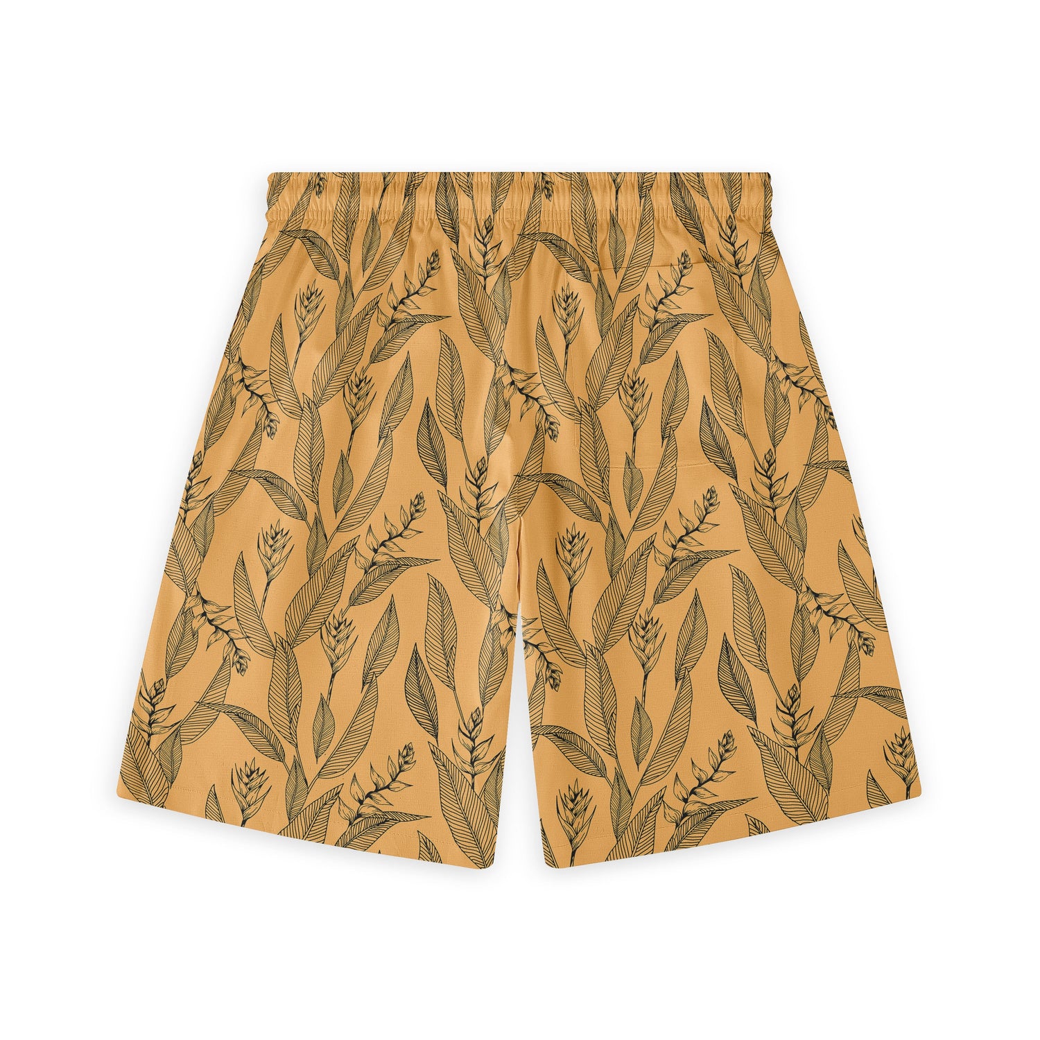 Rear view of a pair of shorts showcasing a botanical pattern with intricately drawn black leaves and flowers on a warm yellow background. The elastic waistband ensures a comfortable fit.