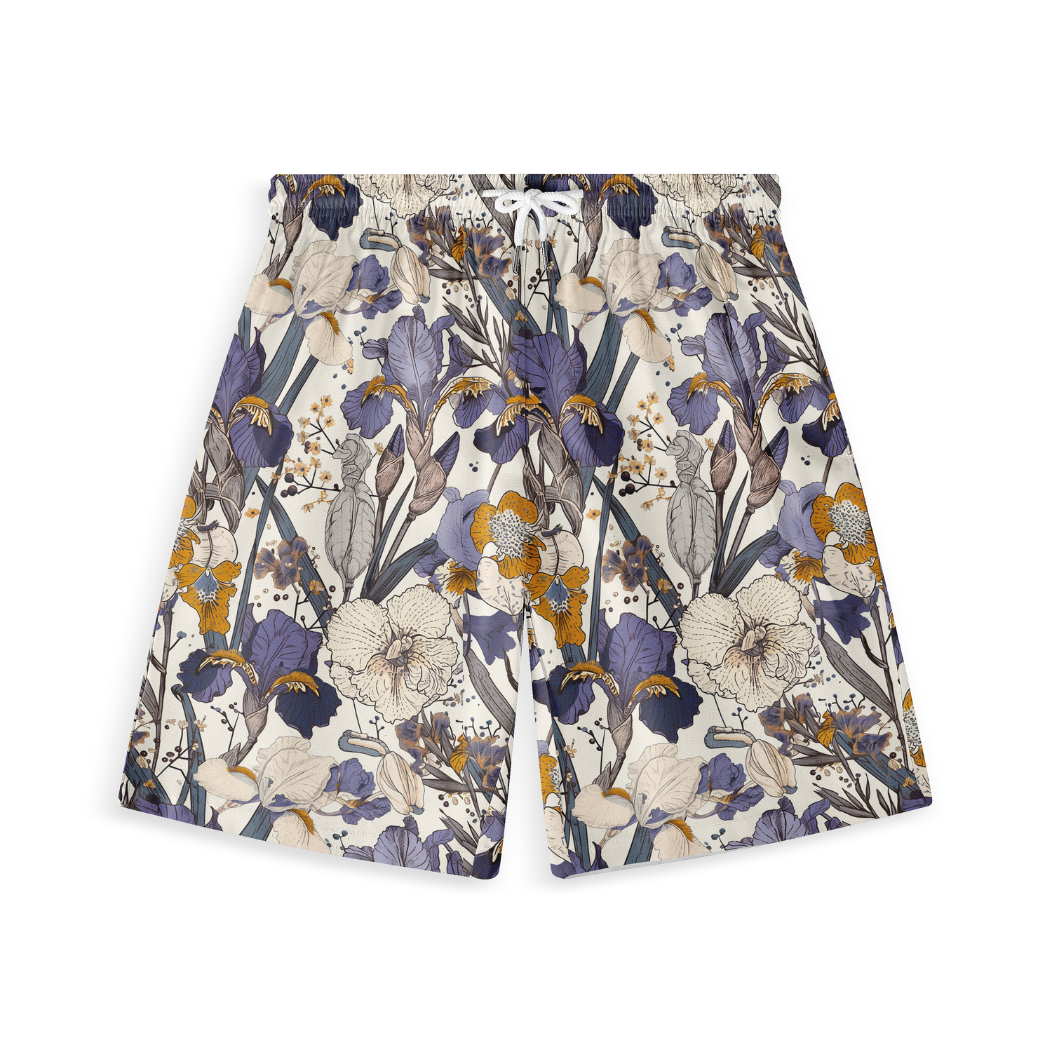 A pair of shorts featuring a design with intricate purple and yellow flowers with leaves on a light background, creating a detailed and elegant floral pattern.