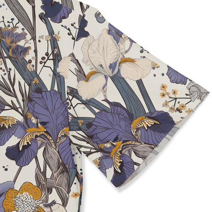 Elegant shirt featuring detailed iris and blossom patterns.