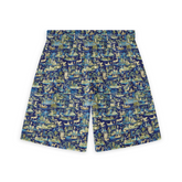 A pair of shorts featuring a design with intricate blue and green foliage, birds, and botanical elements on a dark background, creating a lush and detailed nature-inspired pattern.