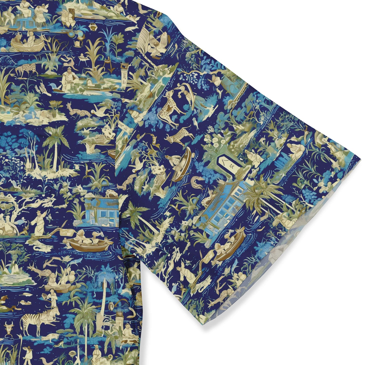 Relaxing tropical island getaway print on a casual shirt.