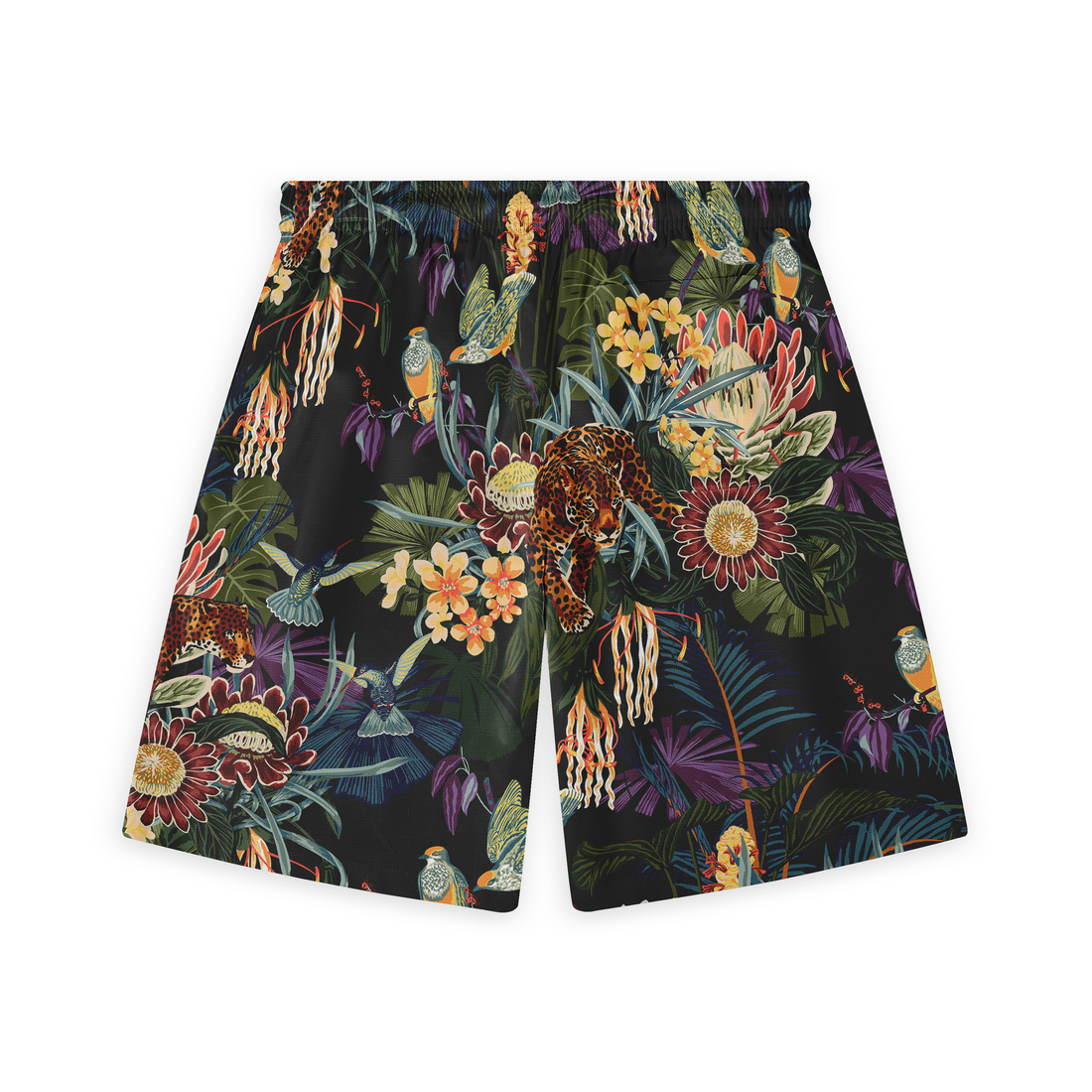 This image shows the back view of a pair of shorts featuring a vibrant and intricate design. The pattern includes a leopard, various colorful tropical flowers, birds, and foliage, all set against a dark background, creating an exotic and lively look.